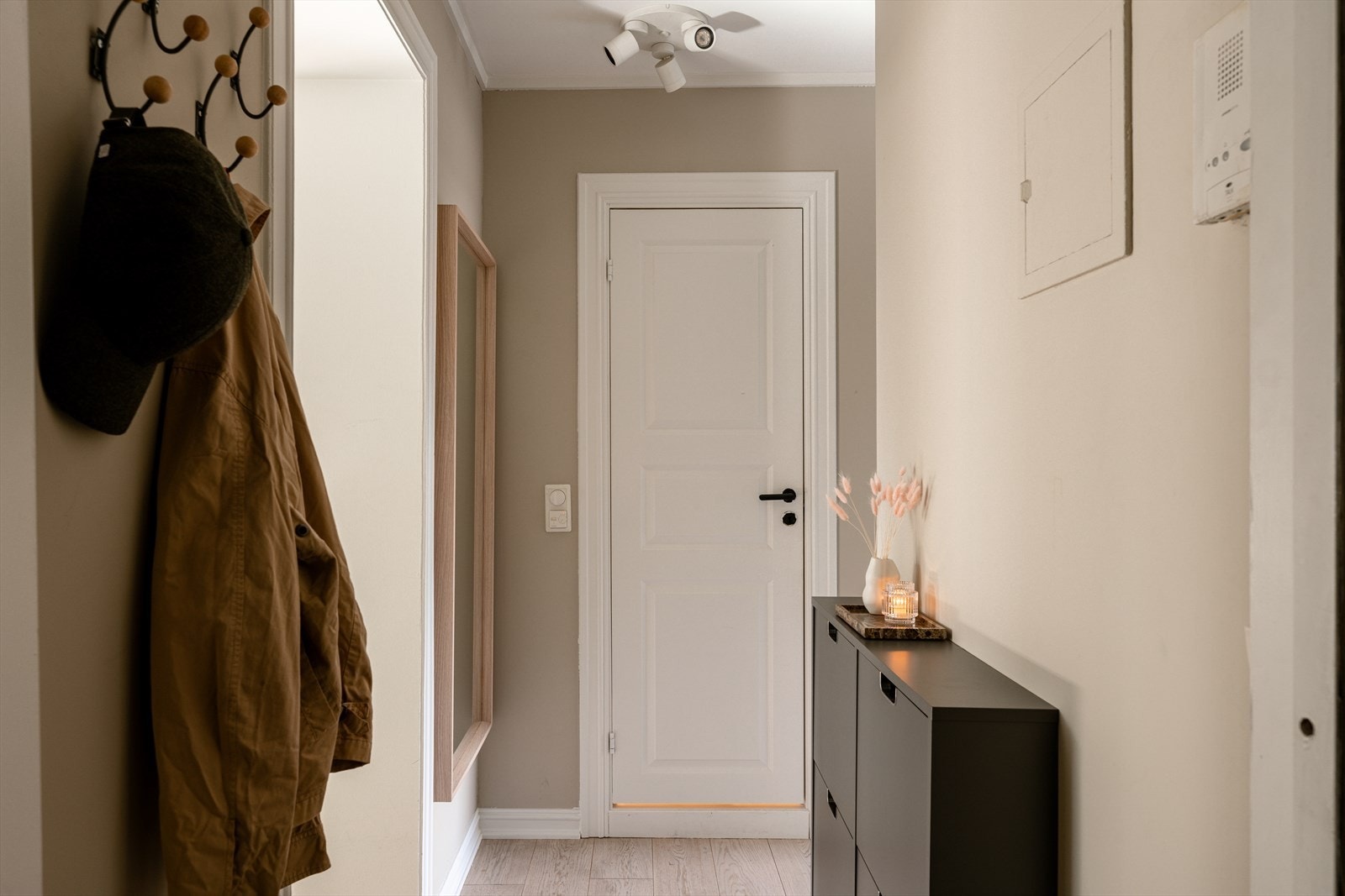 Entré med sikringsskap, porttelefon og entrédør fra 2021. Praktisk klesoppheng og skoskap på vegg. Velkommen inn! Galleribilde