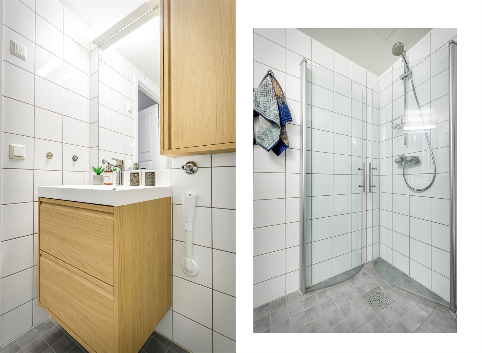 Stort dusjhørne med praktiske innfellbare dører. (Hybelbad) Galleribilde