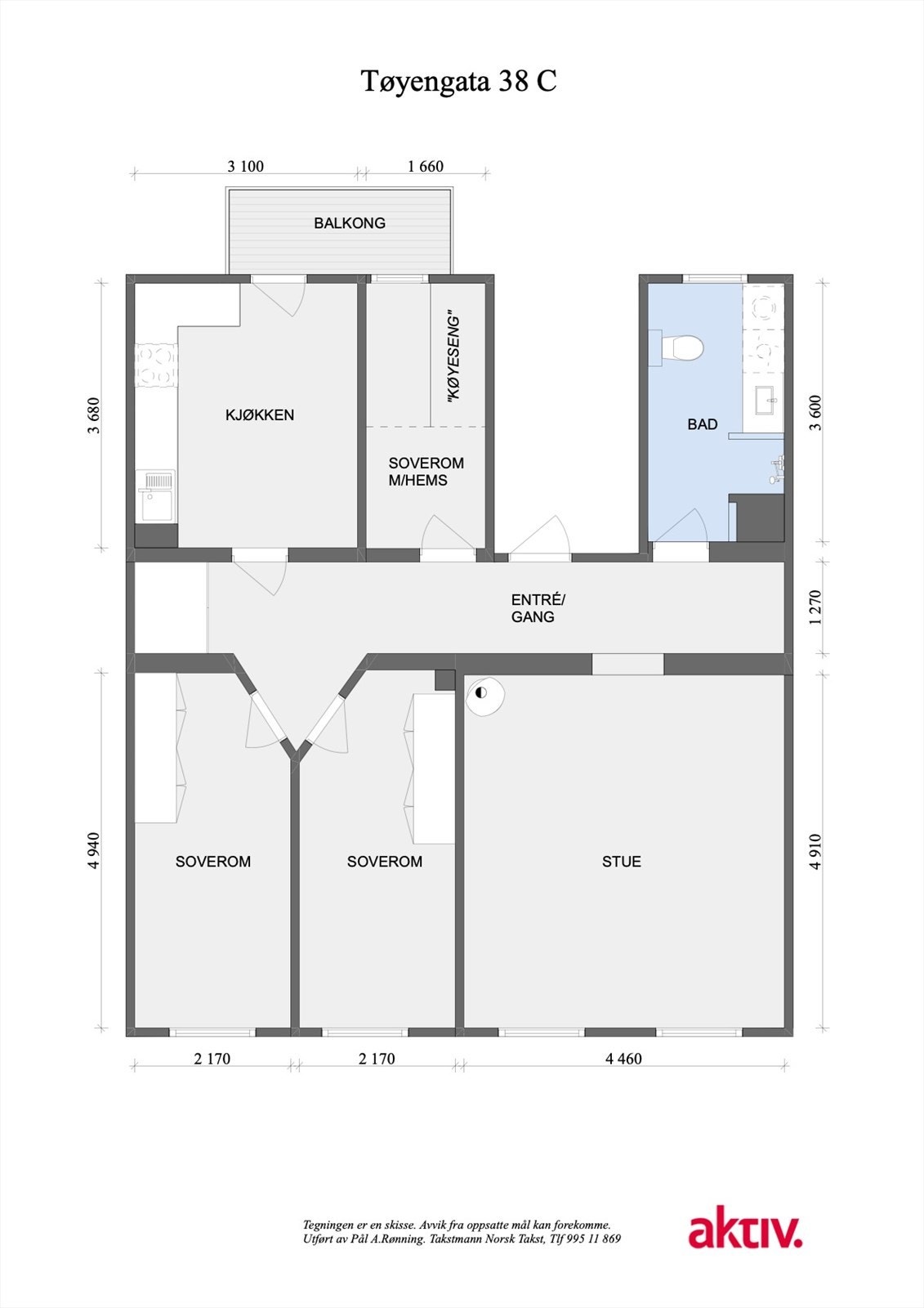 Planskisse. Utover leilighetens interne areal disponerer leiligheten en kjellerbod på ca 8,8 m2 og en bod med adkomst fra felles trappeoppgang mellom 3.- og 4. etasje på ca 2,7 m2. Galleribilde