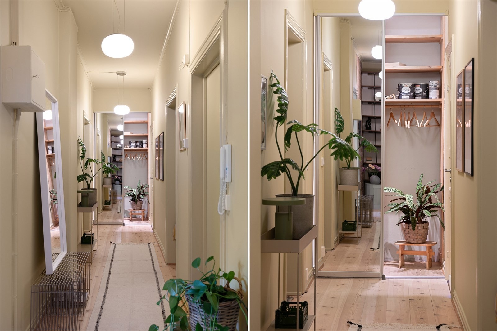 Det er gode lagringsmuligheter i en skyvedørsgarderobe i den andre enden av gangen. Galleribilde