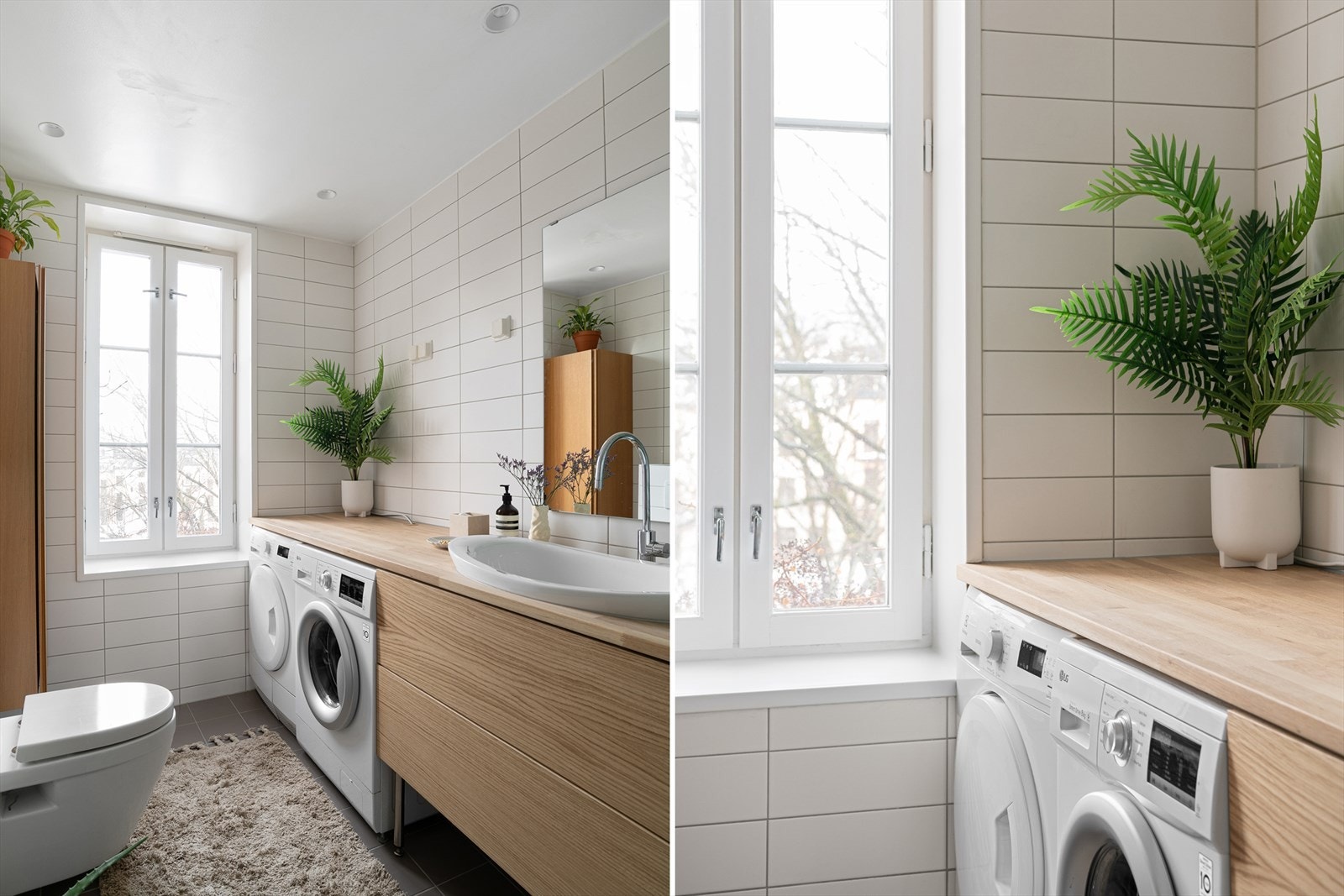 Den forlengede benkeplaten i eik fungerer utmerket som et stellebord, og rammer også inn vaskemaskin og tørketrommel på en fin måte. Både benkeplate og skuffefronter er fornyet den senere tid for å gi innredningen en mer oppdatert "look". Galleribilde