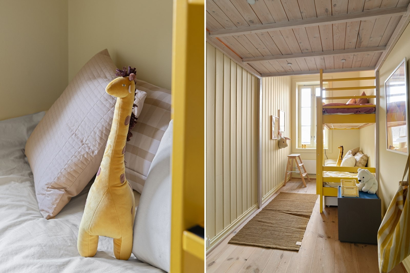 På motsatt side av gangen ligger det tredje soverommet. Dette er i dag benyttet som et barnerom. En plassbygget hemsløsning og køyeseng gir en ekstra god utnyttelse av den gode takhøyden i rommet. Galleribilde