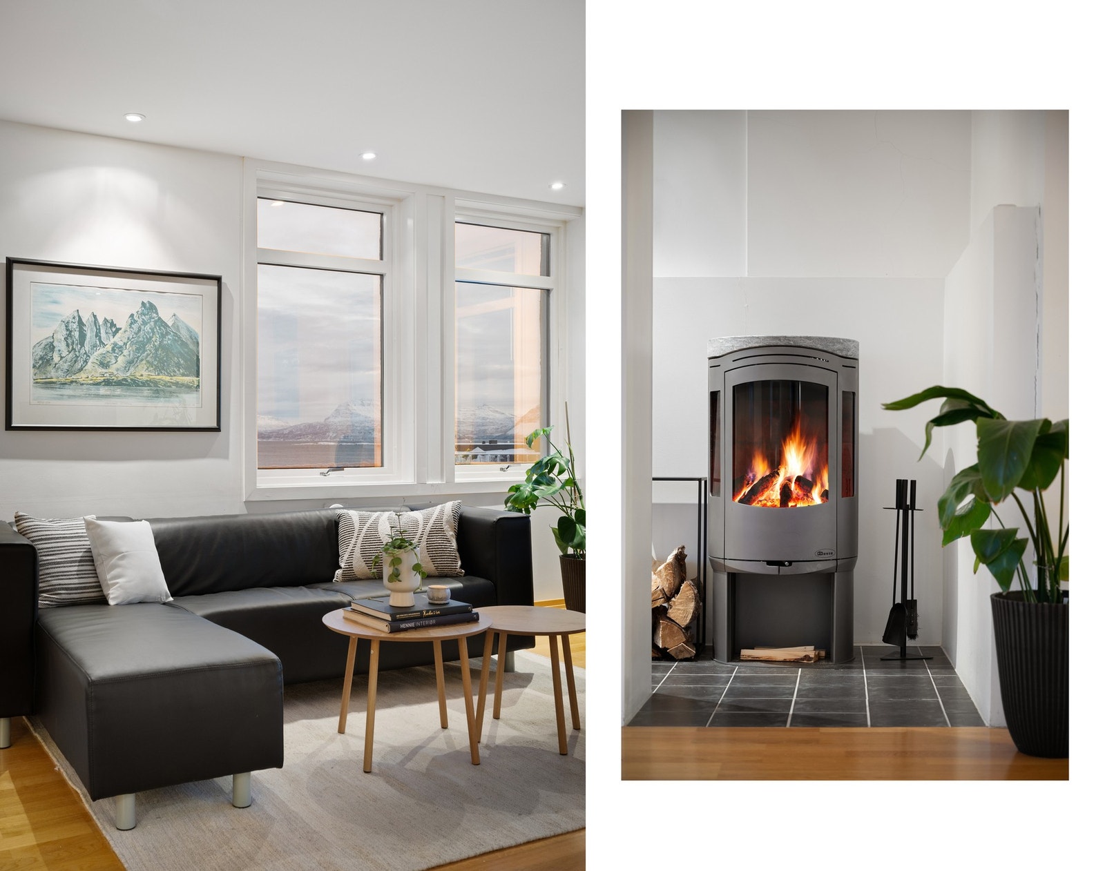 I tillegg til varmepumpe er det en pen vedovn som sørger for varme og hygge på kalde dager Galleribilde