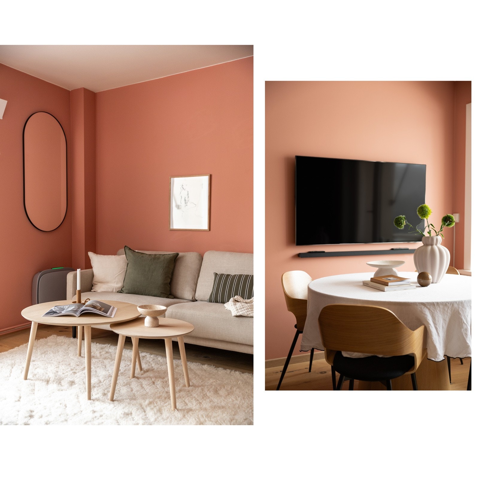 Overflatene er malt i en moderne fargetone som setter et livlig preg på oppholdsrommet. Galleribilde