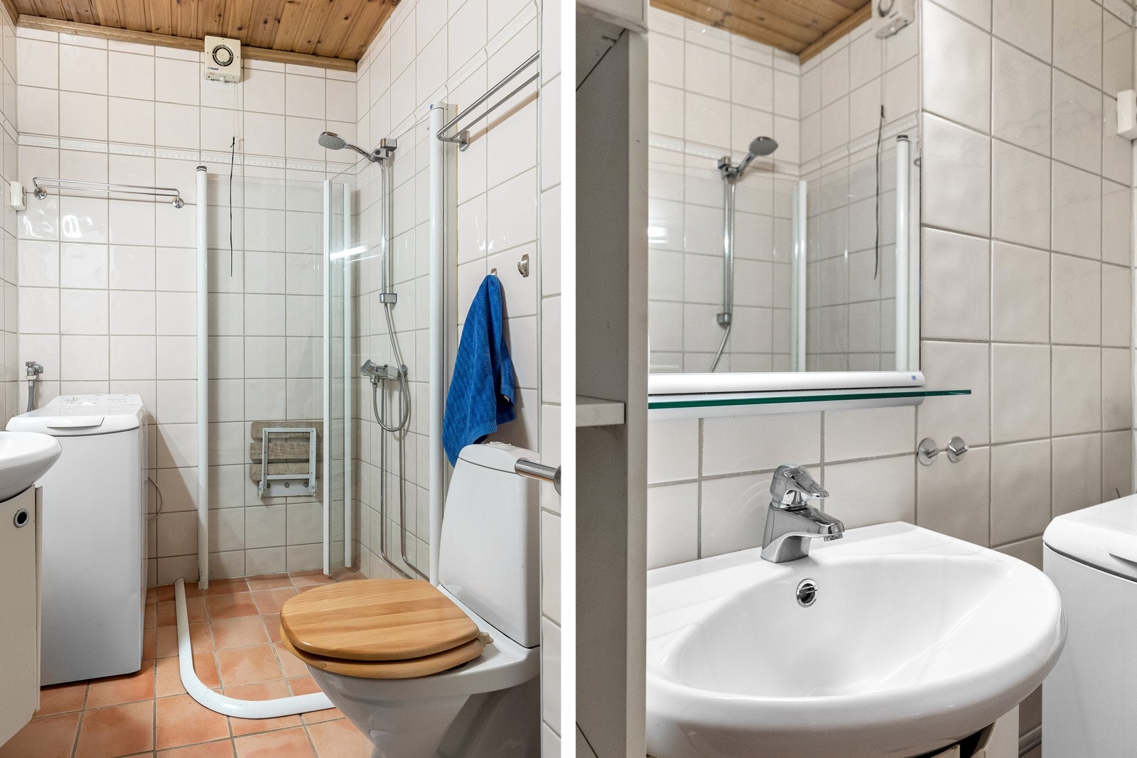 Videre har baderommet gulvmontert klosett, servantskap med glatte fronter, servant i hvit porselen og speil med lysarmatur. Galleribilde