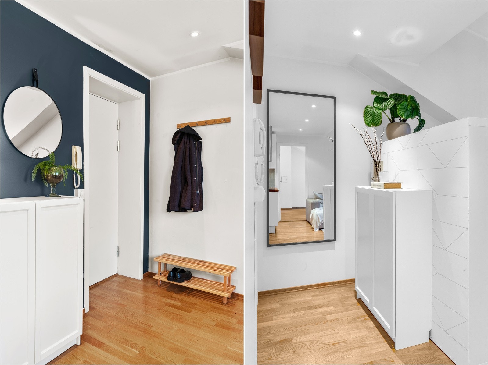 Bilde til venstre viser dagens løsning for entré, mens bilde til høyre viser hvordan tidligere eier skilte av entré og stue med en romdeler. Galleribilde
