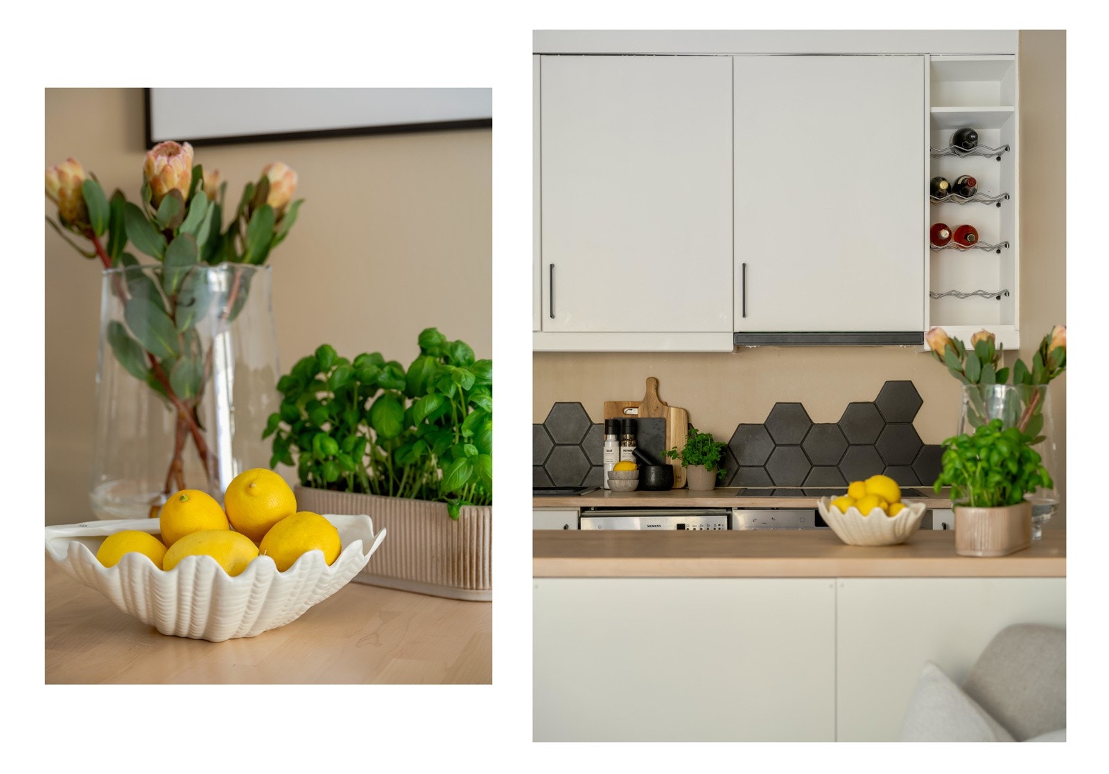 Kjøkkenet består av slette, matte fronter og heltre benkeplater. Galleribilde