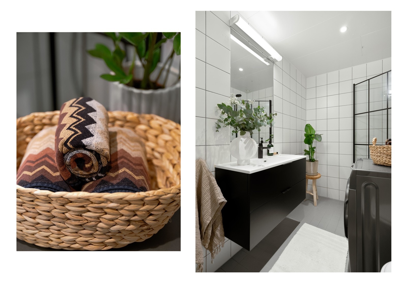 Fra entreen finner vi også badet, som er fra byggeår. Forrige eier byttet ut servantskap, dusjarmatur og dusjdører i 2021. Galleribilde