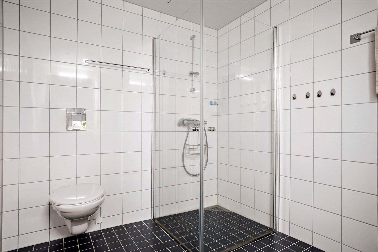 I rommet er det blant annet dusjhjørne med vegger som kan slås inn, vegghengt toalett samt opplegg for vaskemaskin og tørketrommel. Galleribilde