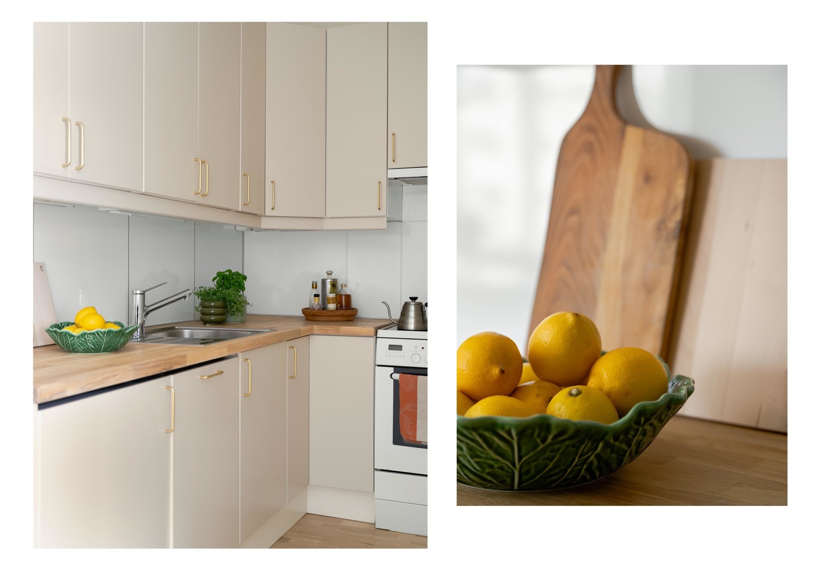 Kjøkkeninnredningen har i 2025 blitt malt i en delikat tone, fått nye håndtak og benkeplaten i heltre er slipt og oljet. Galleribilde