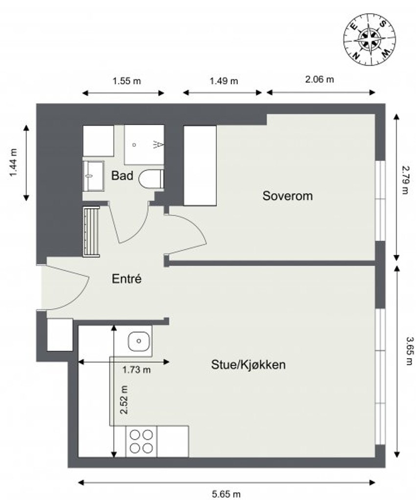 Skulle det være ønskelig med et større soverom og mer plass på kjøkkenet, er det mulig å flytte dagens kjøkken. Galleribilde