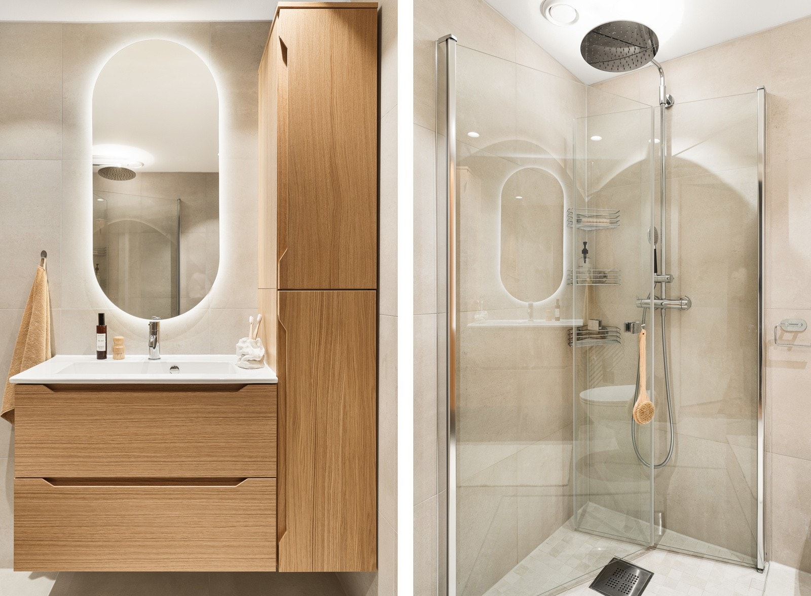 Badet er innredet med baderomsmøbel og høyskap fra Linn bad, dusjarmatur fra Mora i kombinasjon med glassdører og vegghengt toalett. Galleribilde