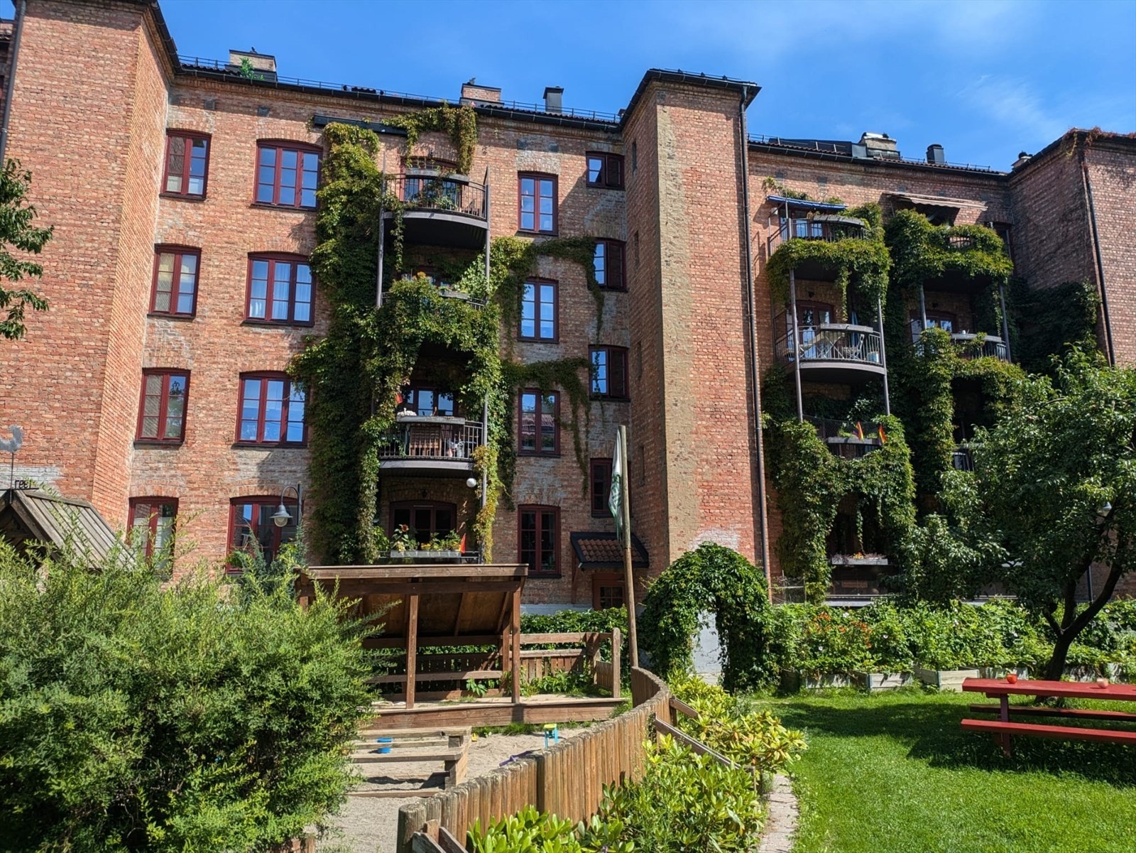 Klatreplantene trives godt i denne frodige bakgården. Beliggenheten til kvartalet er svært god! Her har du gangavstand til de fleste områder på denne siden av byen, som Grünerløkka, Tøyen, Grønland og Sentrum. Galleribilde