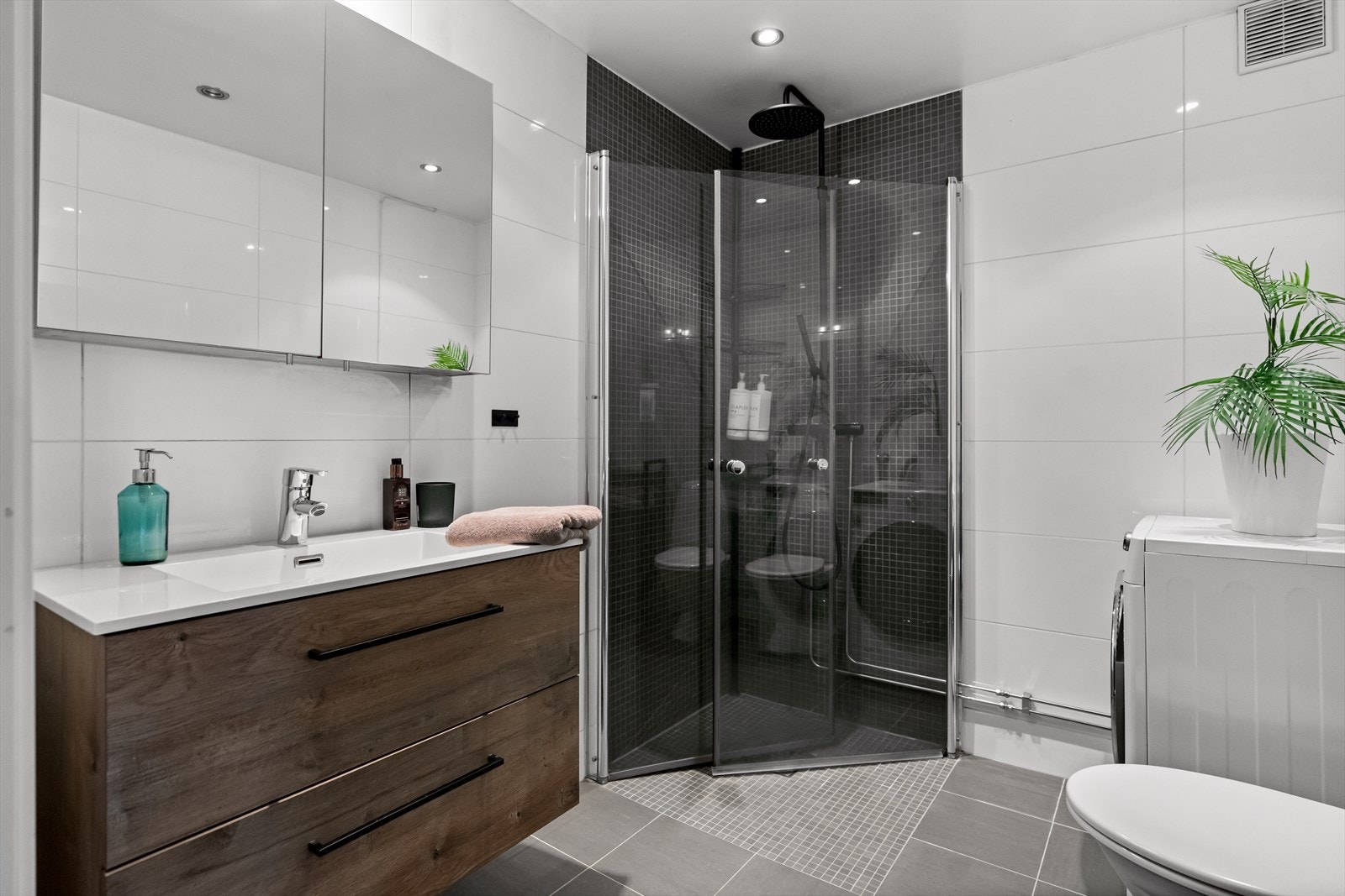 Det er innredet med dusjhjørne, gulvstående klosett og servant. I tillegg har rommet opplegg for vaskemaskin. Galleribilde