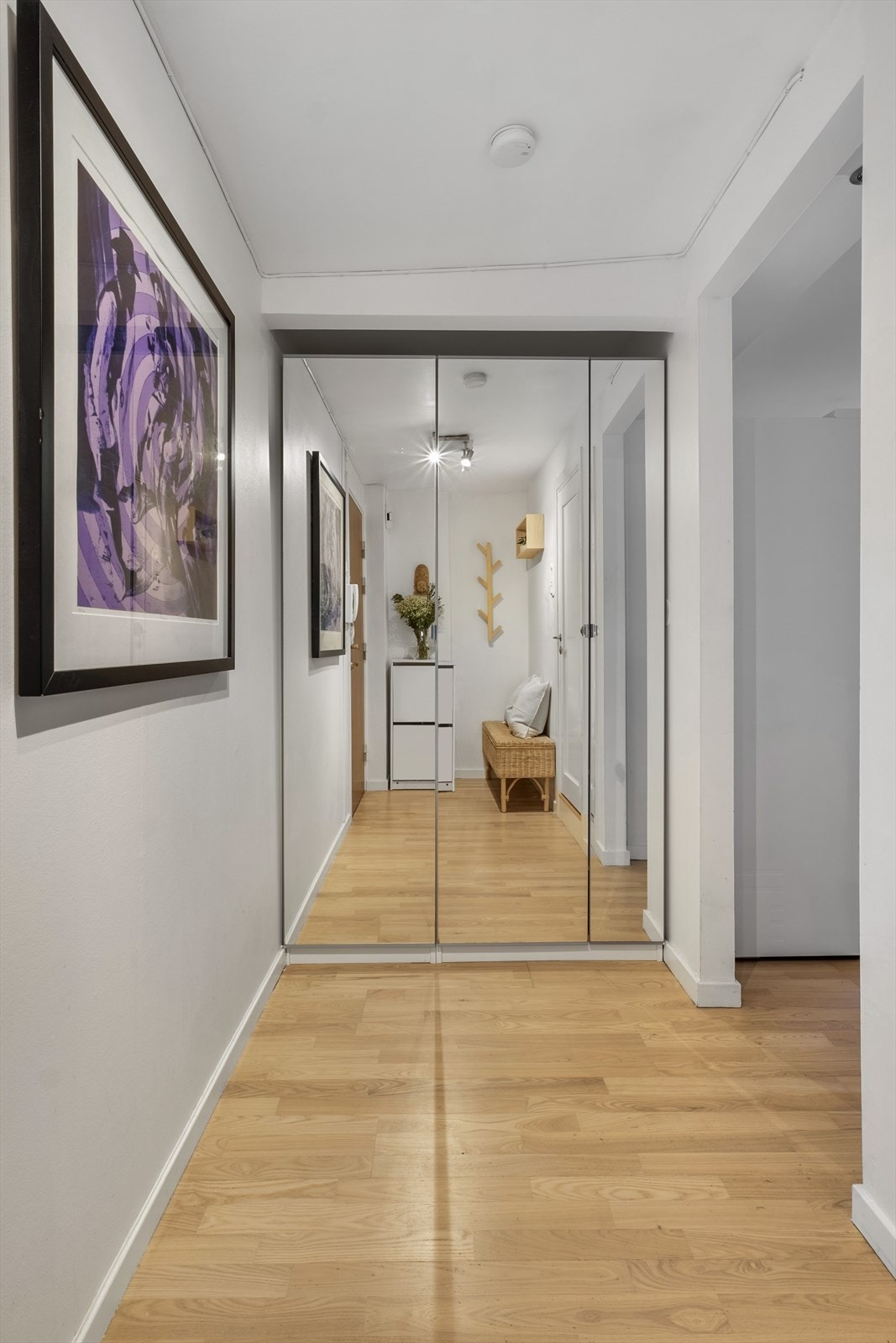 Entrèen er innredet en stor skyvedørsgarderobe med speildører, med ellers plass til oppheng av yttertøy, skohyller e.l. Galleribilde