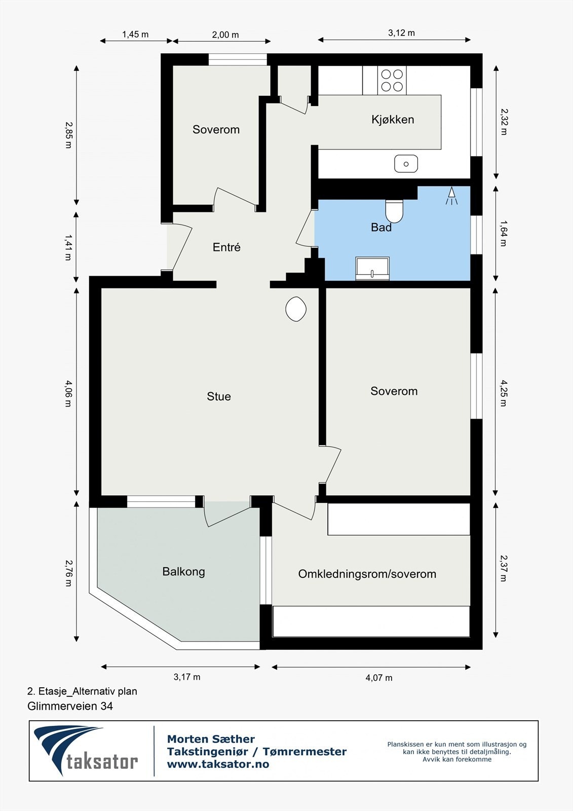 Alternativ plantegning med utvidet baderom Galleribilde
