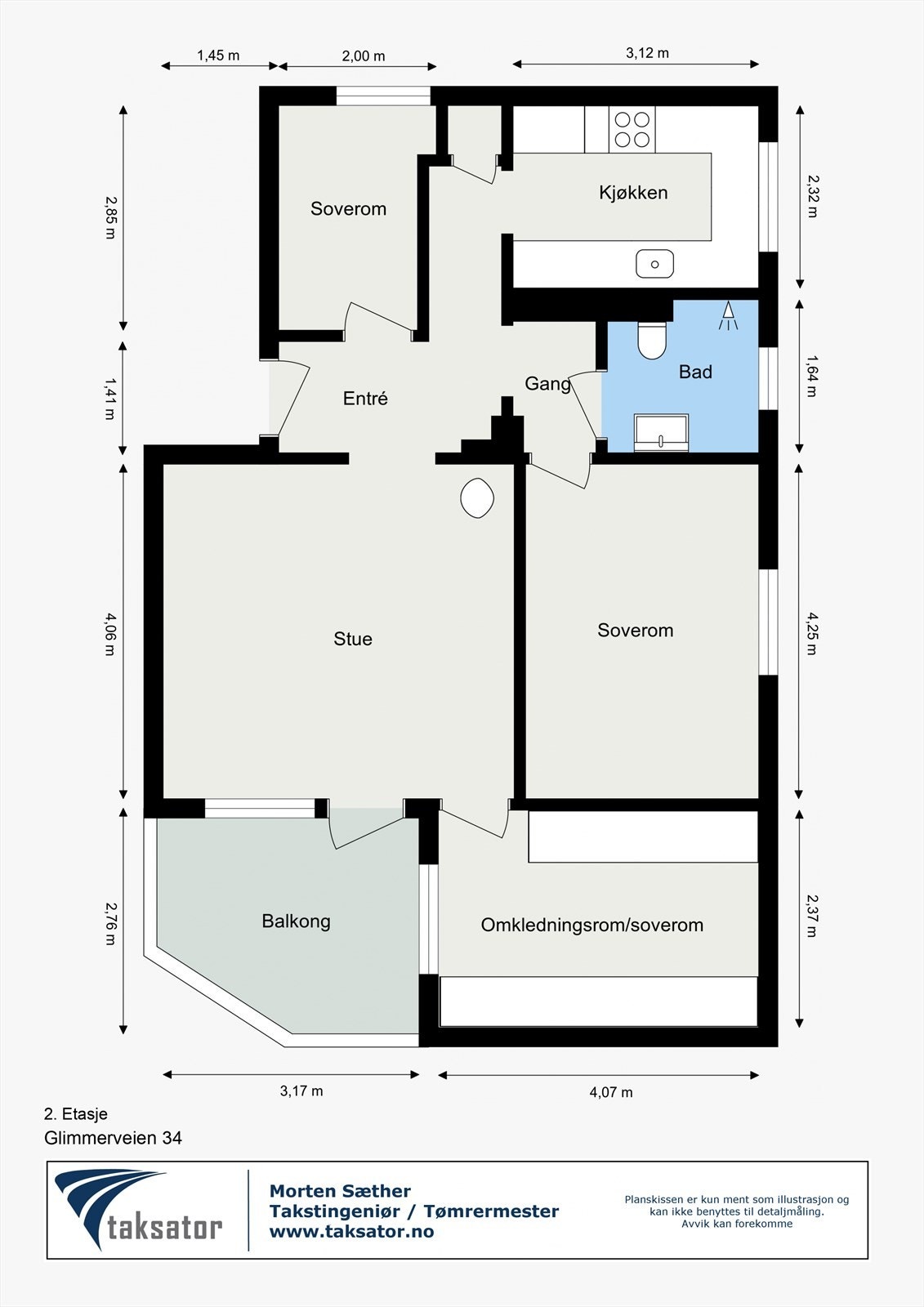 Plantegning. Legg merke til kott mellom soverom og kjøkken. Leiligheten disponerer 1 loftsbod med ett gulvareal på ca. 9,5 m² (skråtak) samt 2 kjellerboder med ett gulvareal på ca. 3,4 m² og 4,2 m² Galleribilde