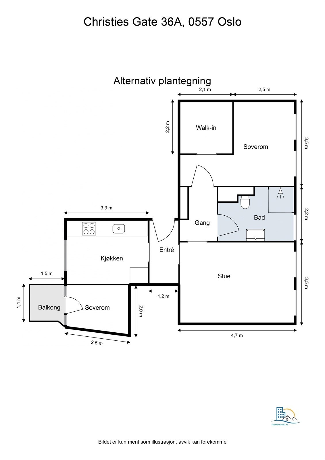 Alternativ planløsning med to soverom. Galleribilde