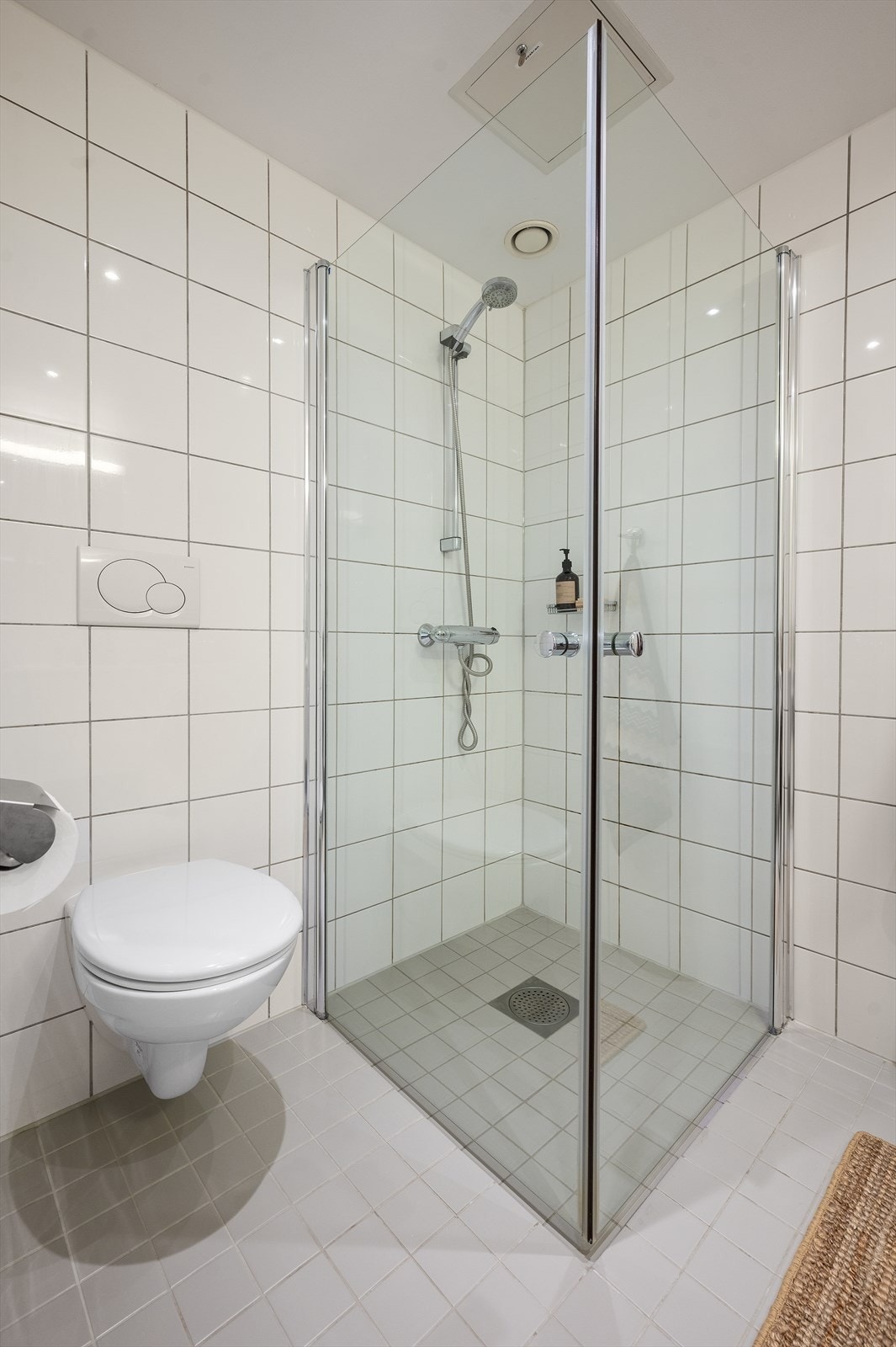 Badet er utstyrt med vegghengt toalett og dusjhjørne med innfellbare glassdører Galleribilde