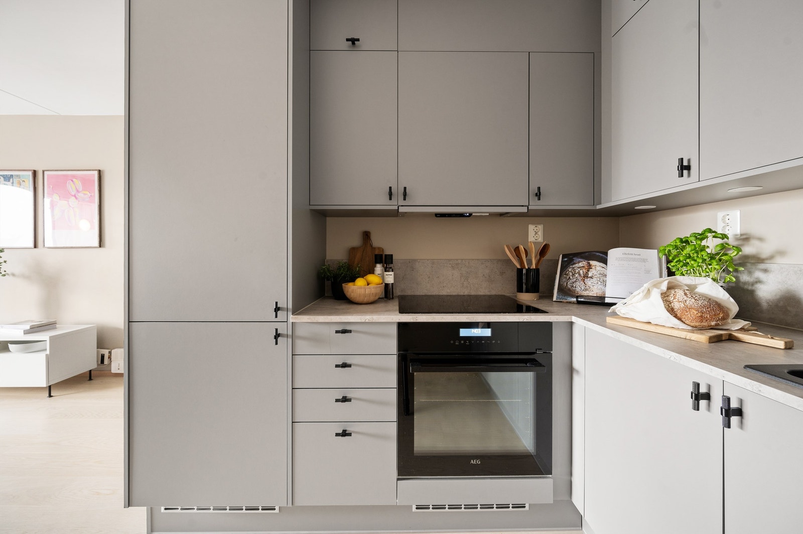 Videre er det integrerte hvitevarer som stekeovn, koketopp med ventilator over, oppvaskmaskin og kombiskap Galleribilde