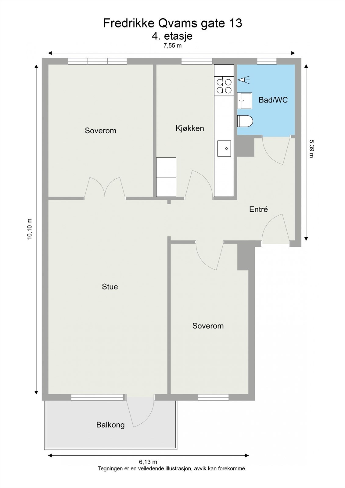 Leiligheten ligger i 4.etasje og inneholder 2 gode soverom, romslig stue med utgang til en nord/vestvendt balkong, rålekkert kjøkken og baderom. Leiligheten disponerer i tillegg to kjellerboder og én loftsbod. Galleribilde