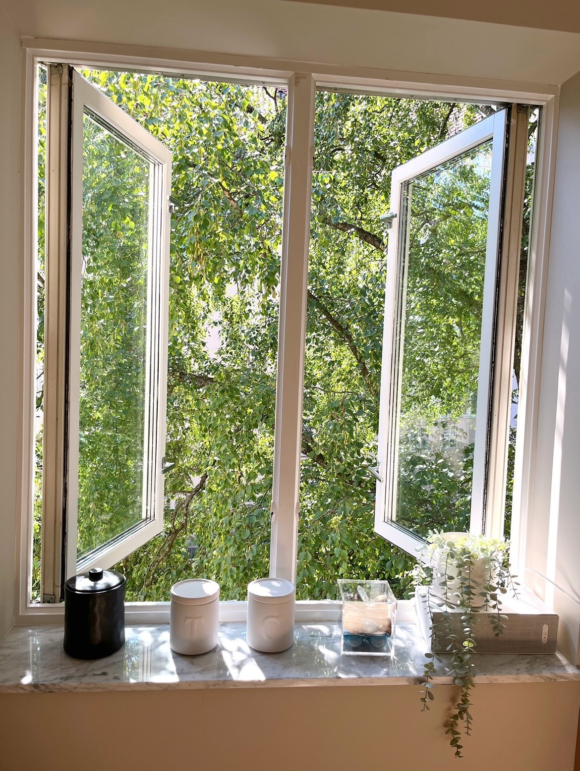 Bakgården har et stort og frodig tre som sørger for idyllisk utsyn fra både soverom, kjøkken og baderom. Galleribilde