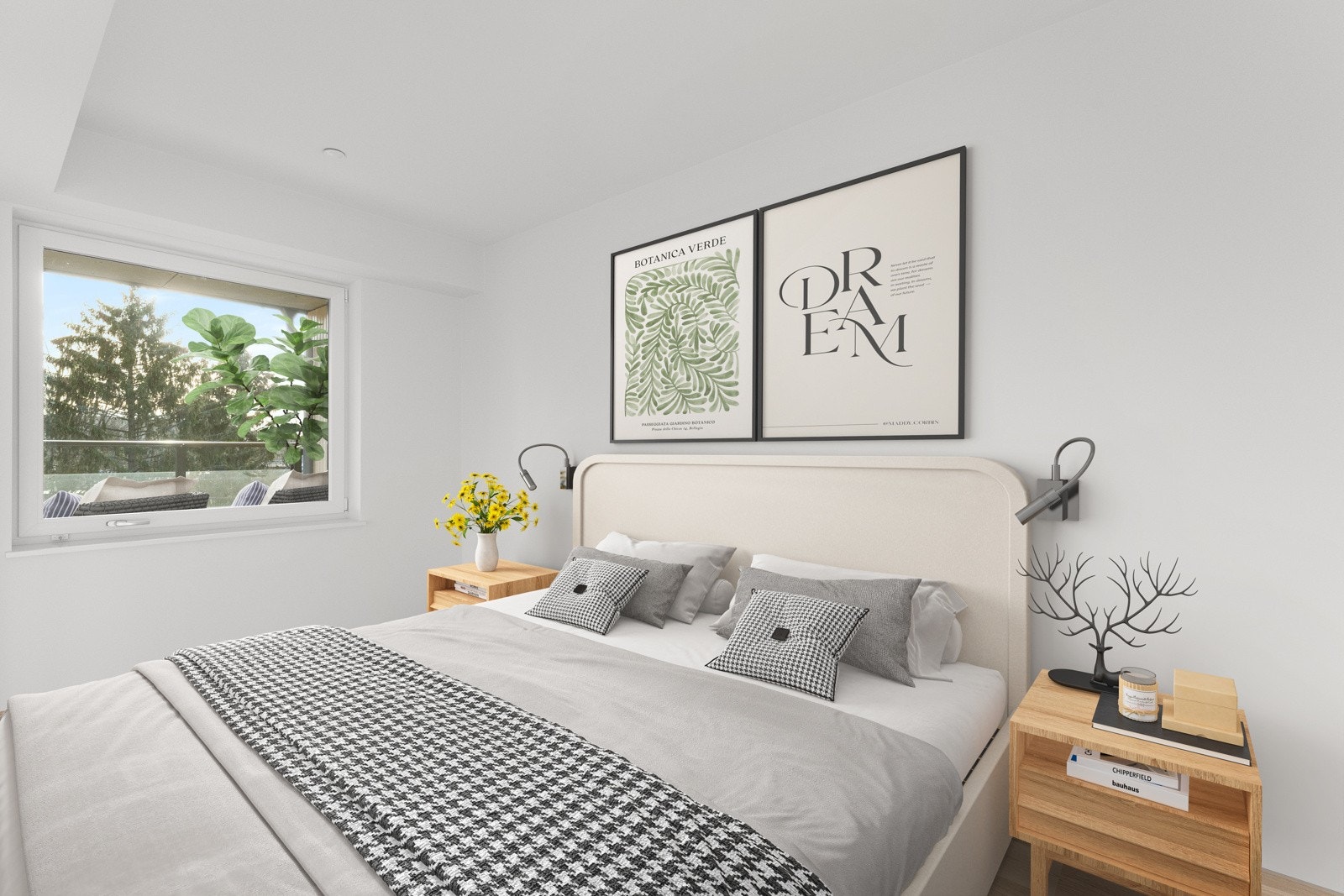 God plass til dobbeltseng med tilhørende nattbord på hver side. Bildet er digitalt stylet. Galleribilde