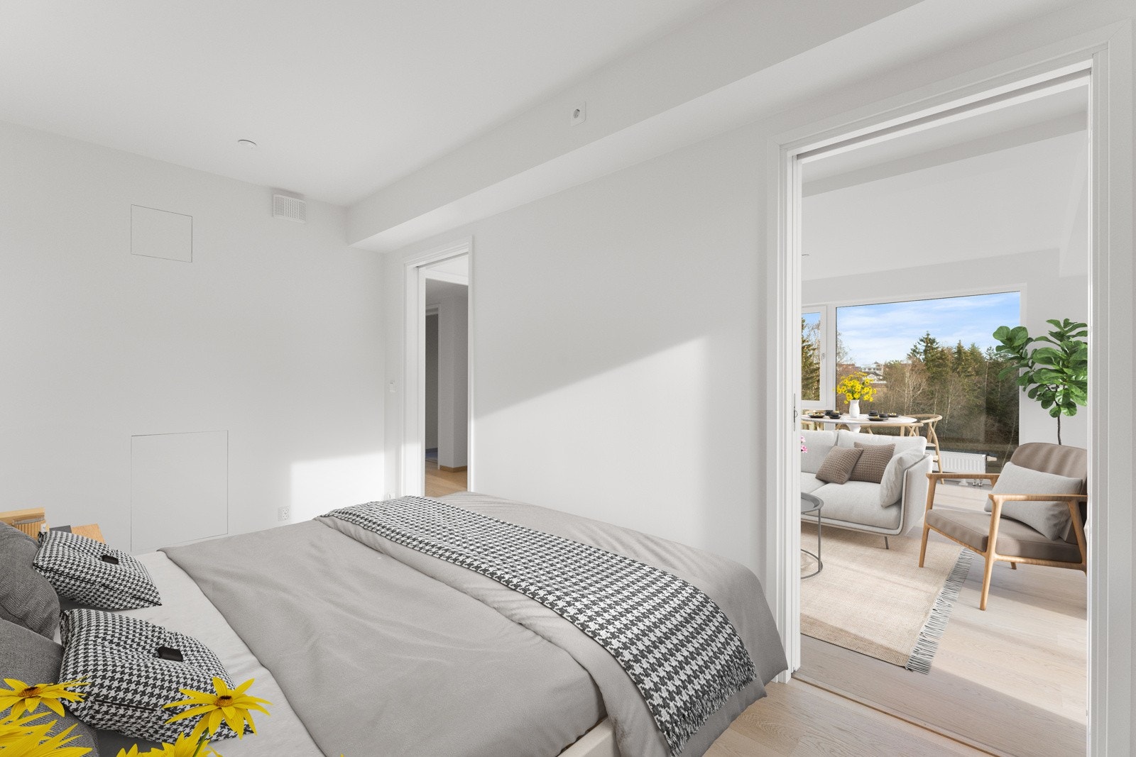 Lyst og romslig soverom med god plass til skapinnredning etter ønske. Bildet er digitalt stylet. Galleribilde