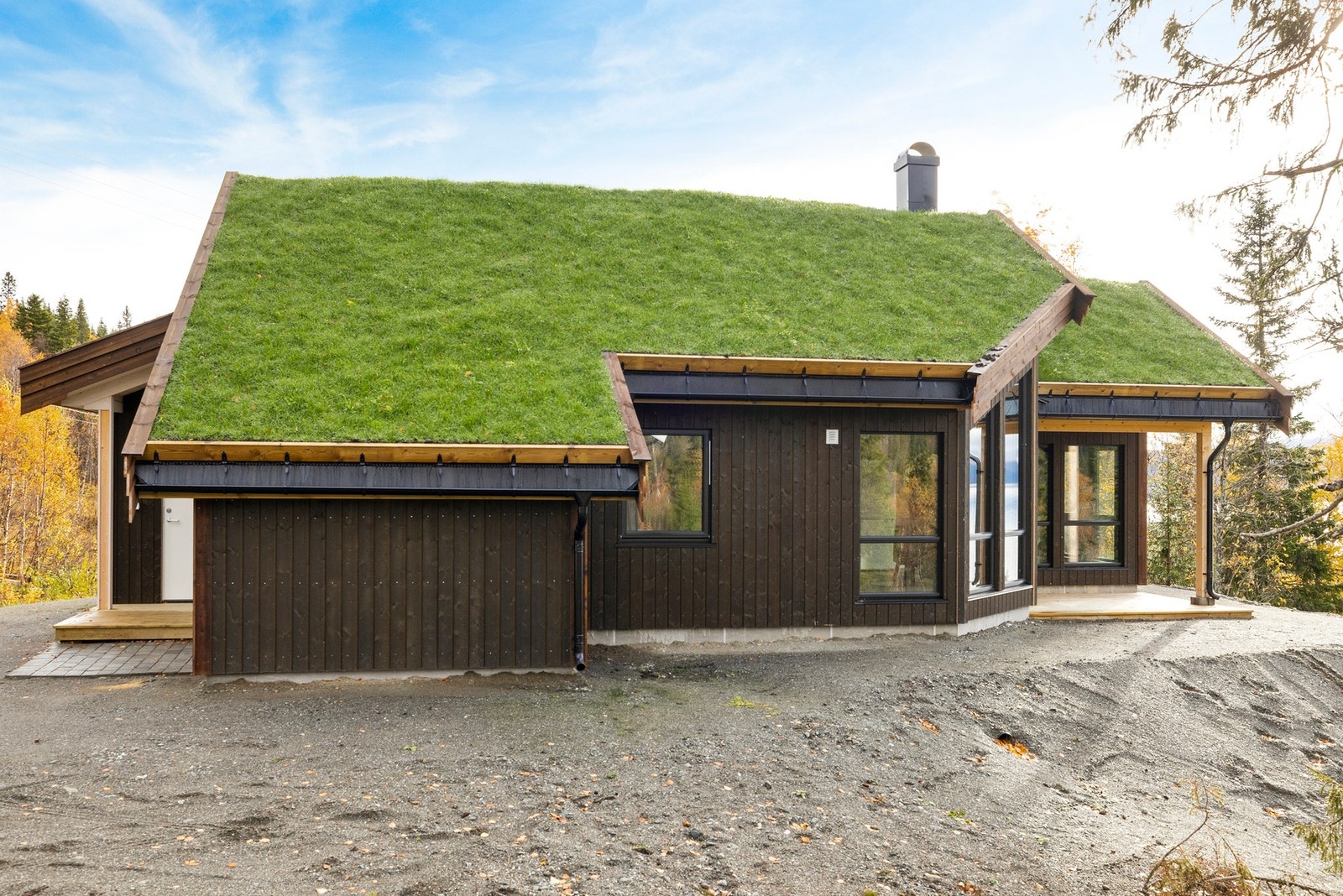 Moderne hytte med stående trekledning og torvtak Galleribilde