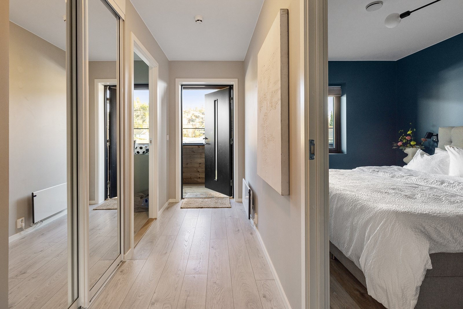 I gangen henger vi fra oss i en plettfritt integrert speilgarderobe, og vi går inn. De første rommene er et mørkeblått hovedsoverom og et grønnmalt barneværelse. Begge har vinduer ut mot svalgangen. Galleribilde