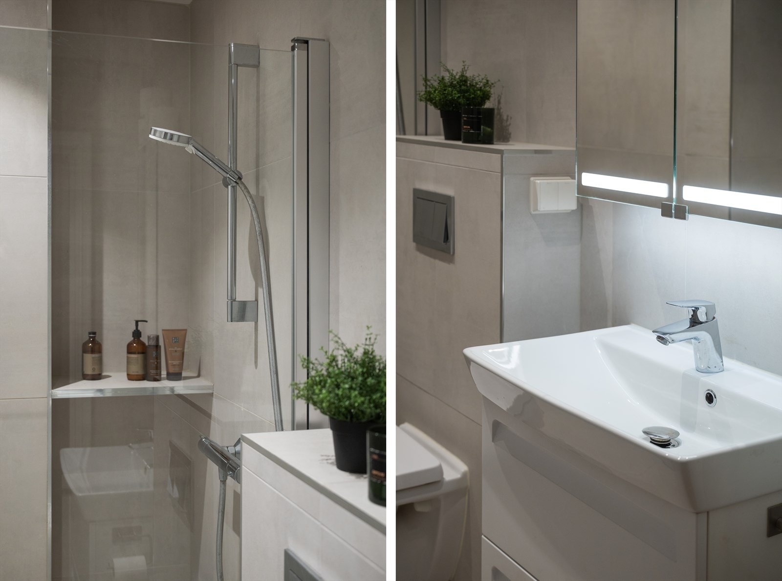 Innredning bestående av vegghengt klosett, servantinnredning, speilskap med belysning, servant med ettgreps blandebatteri, dusjdører, dusjarmatur, opplegg og plass til vaskemaskin. Galleribilde