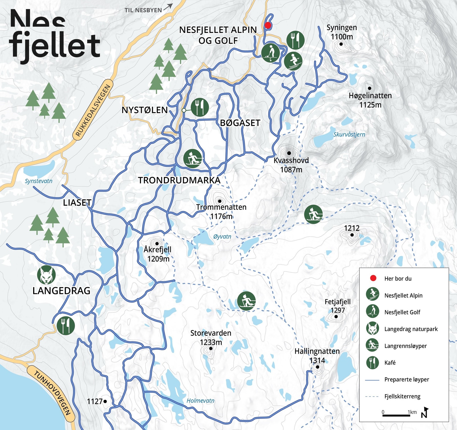 Løypekart langrenn - Nesfjellet Vest er markert med rød prikk Galleribilde