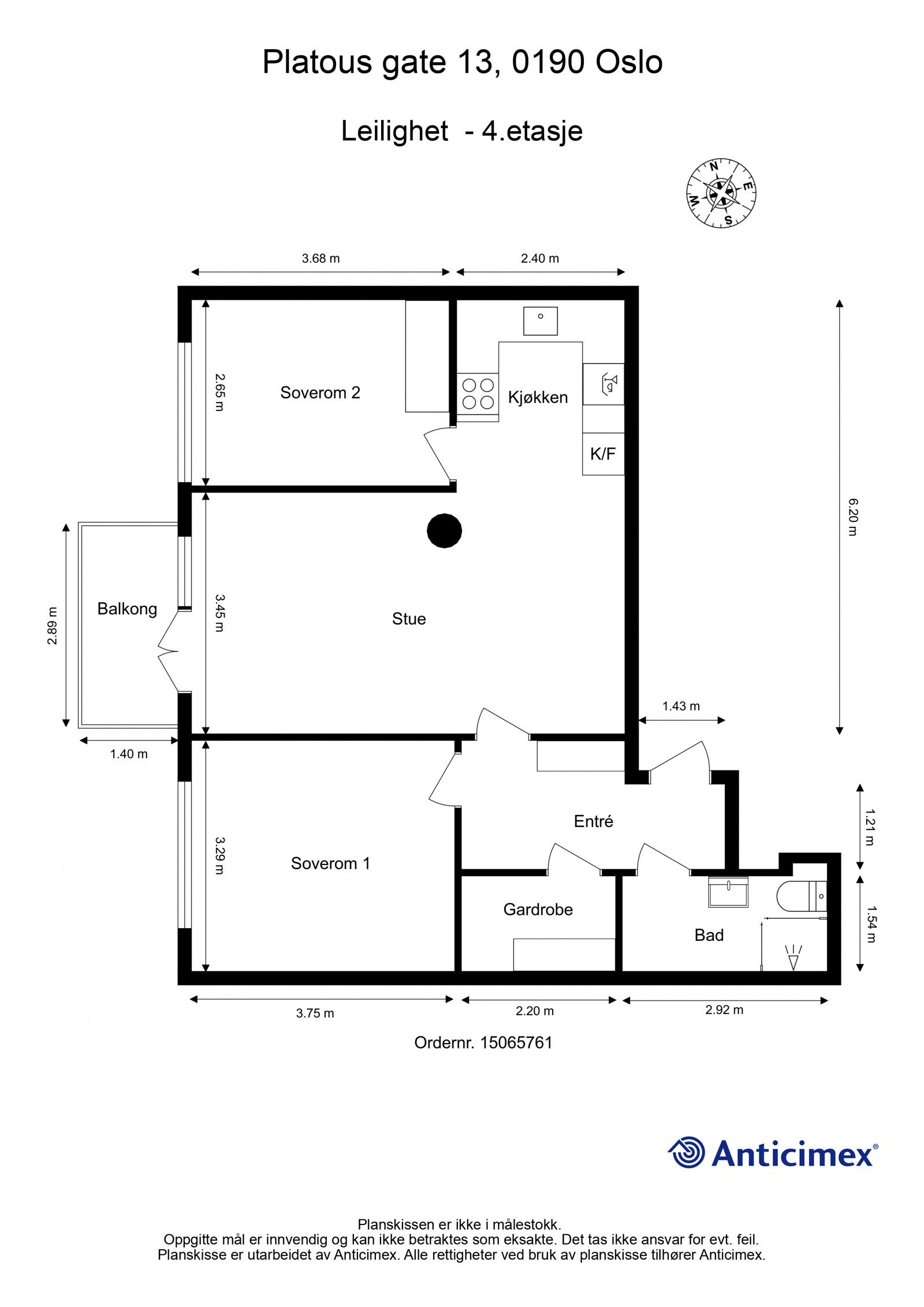 Plantegning i 2D med mål. Boligen disponerer i tillegg en kjellerbod på 5 kvm og en bod i 4. etasje på 1 kvm. Galleribilde