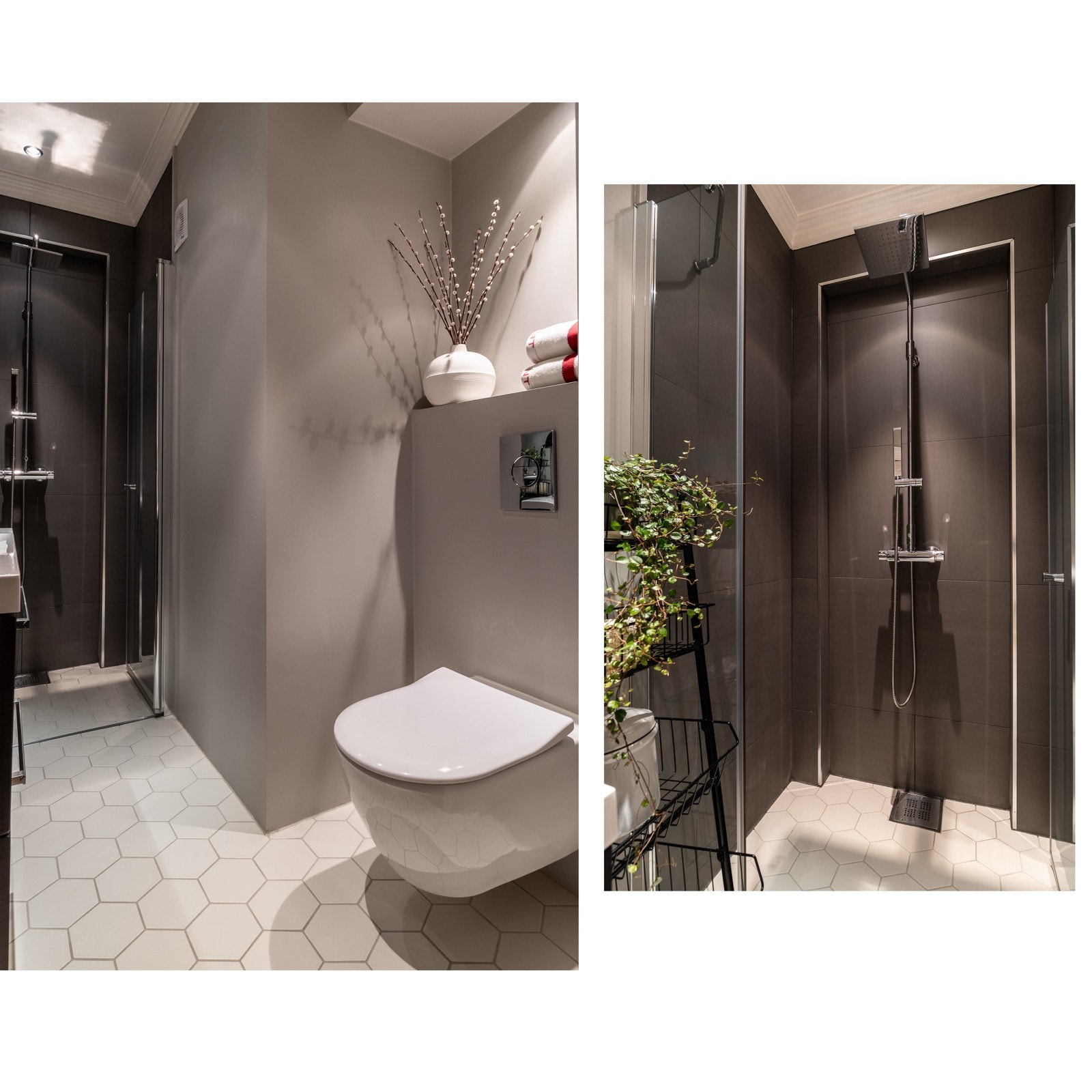 Badet er utstyrt med egen dusjnisje med innfellbar dør av glass og metall. Galleribilde