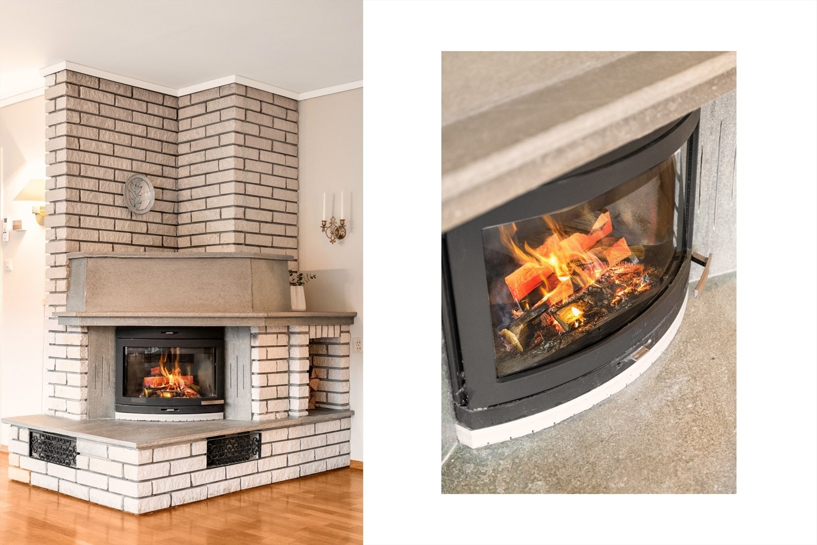 Flott peis, med moderne peisinnsats. Det er også innlagt varmepumpe i stuen Galleribilde