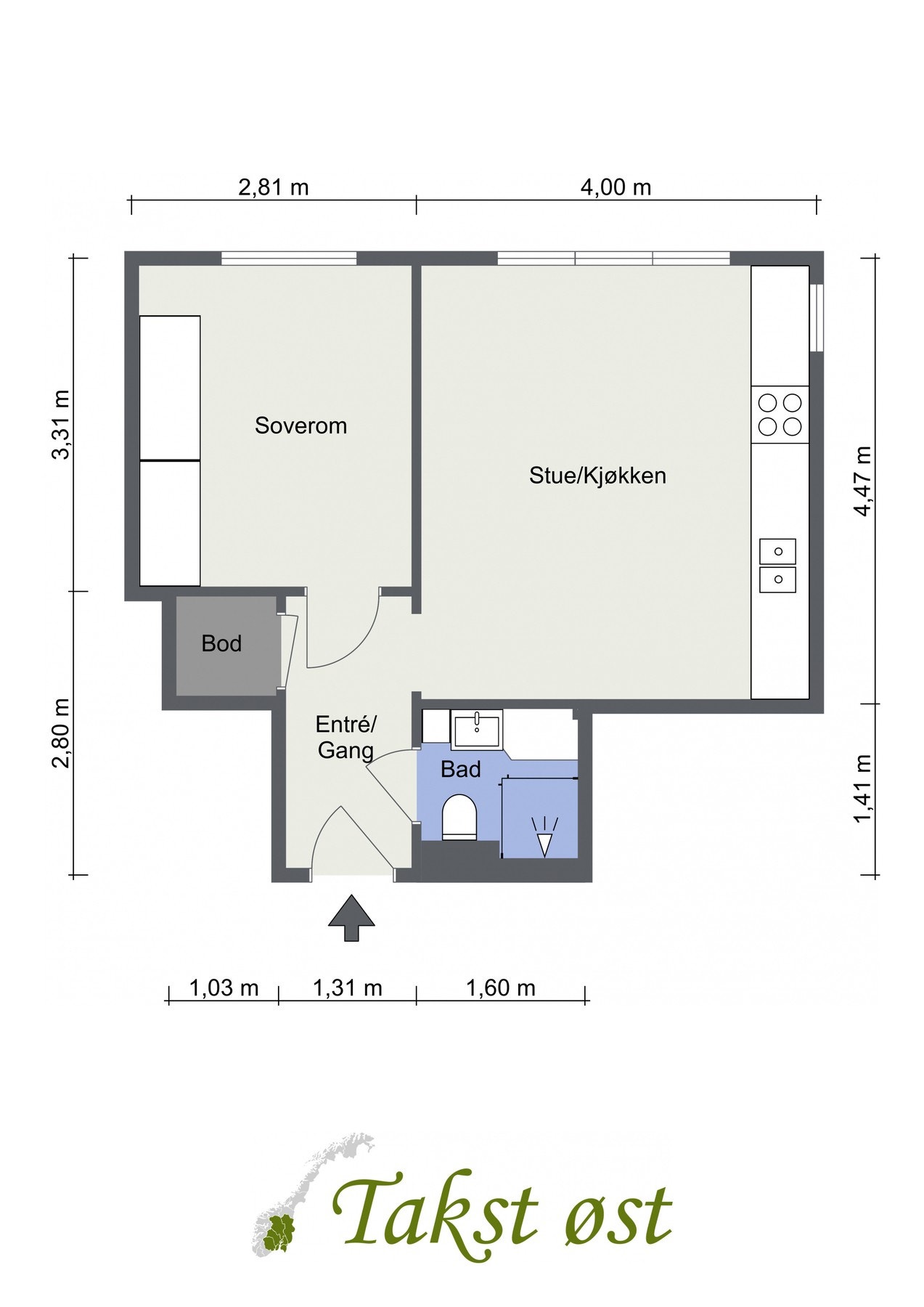 Plantegning. Legg merke til at boligen har en praktisk, innvendig bod. I tillegg er det ekstra oppbevaringsplass i kjeller- og loftsbod. Galleribilde