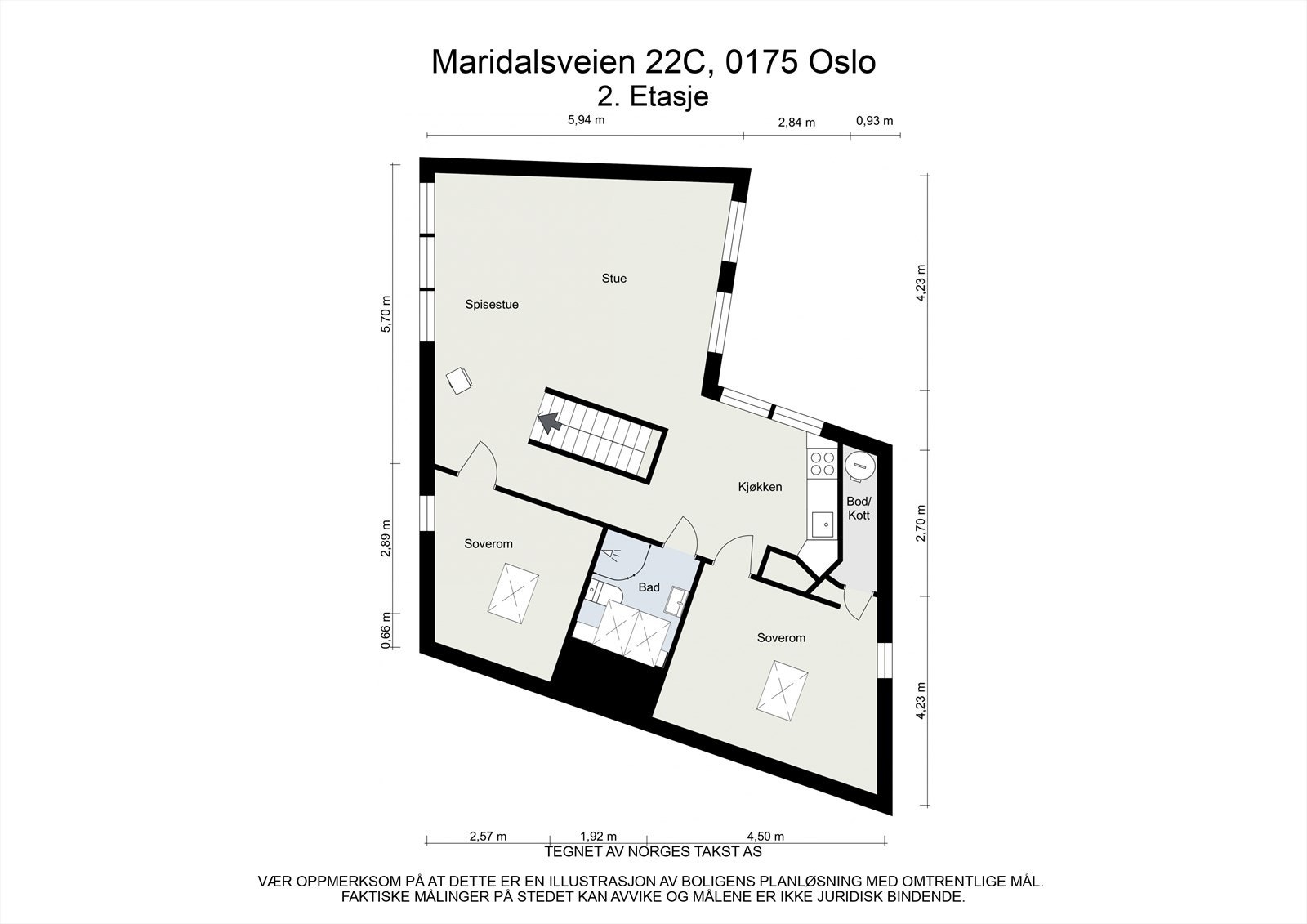 Leiligheten ligger i 2. etasje med trapperom fra 1. etasje. Inneholder åpen stue/spisestue/kjøkken, 2 soverom, bad og bod/kott. I tillegg disponerer leiligheten en bod i felles avlåst rom. Galleribilde