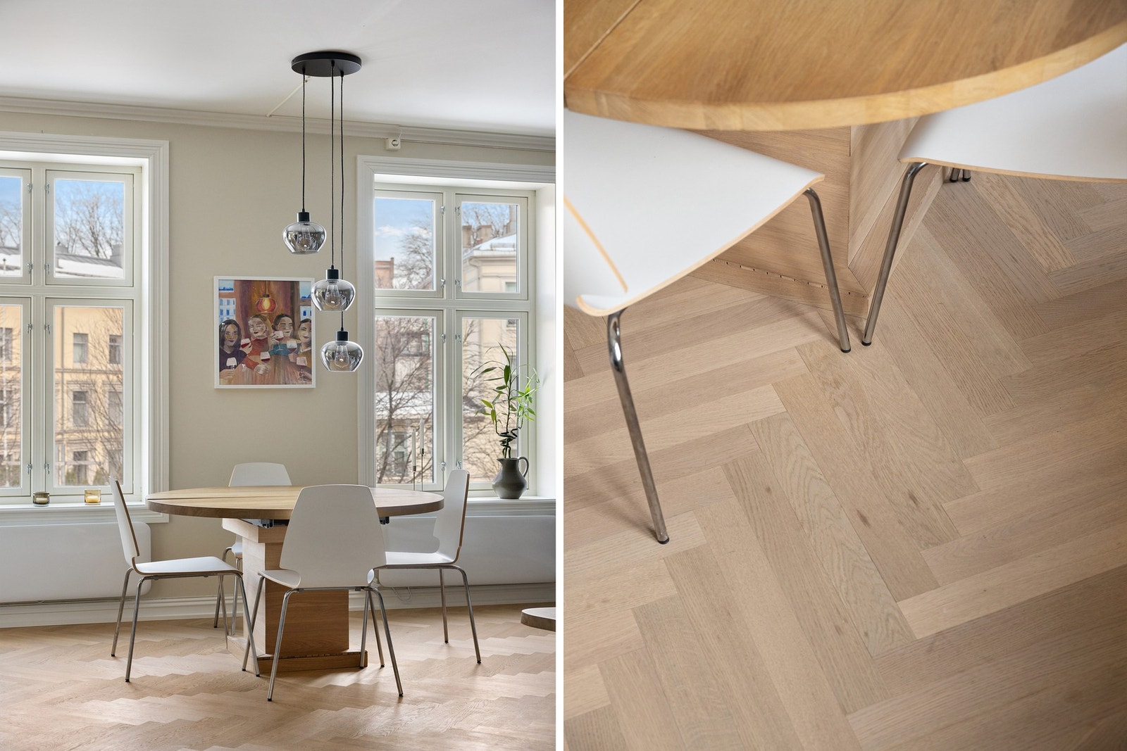 Leiligheten bærer et klassisk preg med lekker fiskebensparkett samt store vindusflater som bidrar til naturlig lysinnslipp. Galleribilde