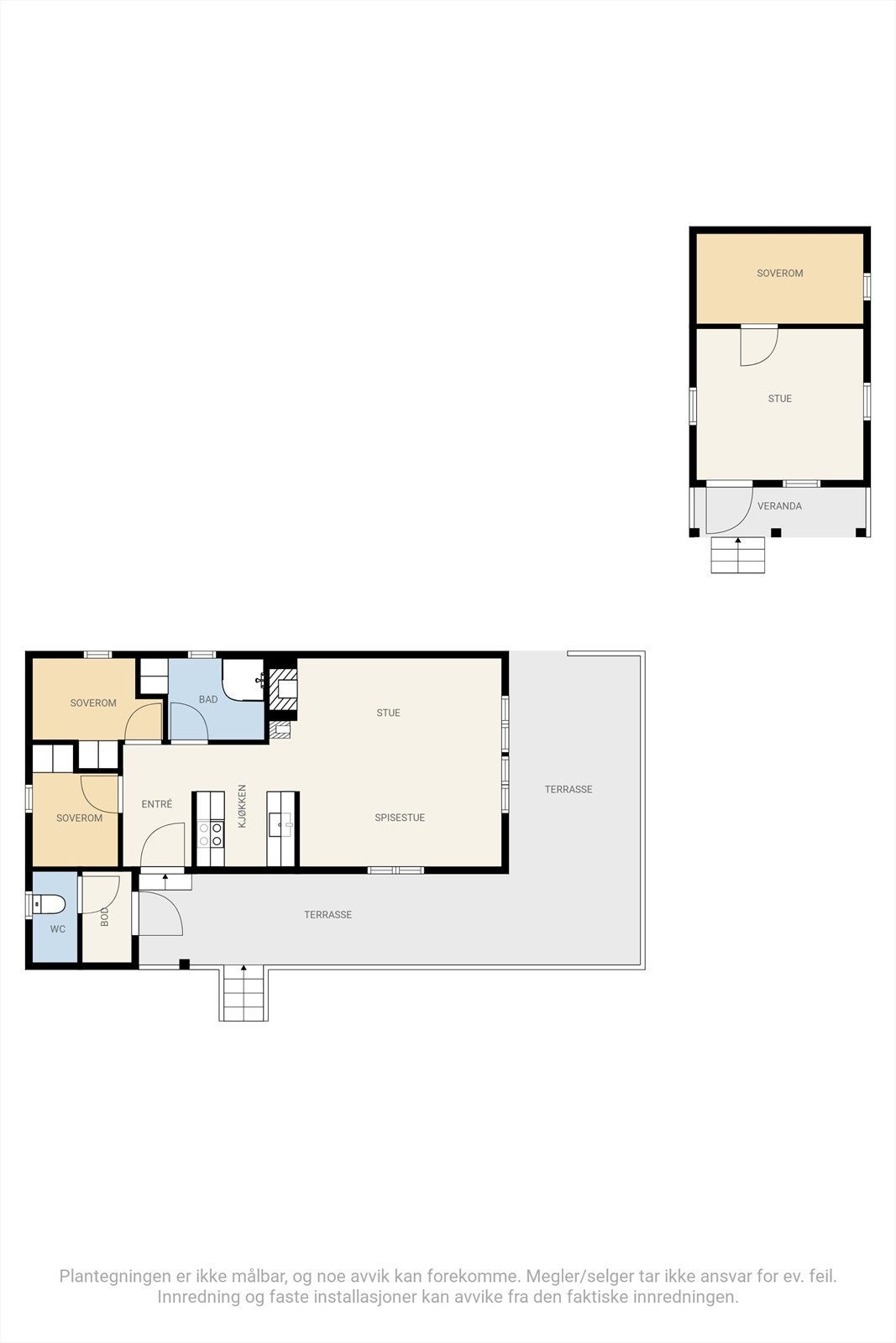 Plantegninger - Annekset er registrert som sekundærrom (ikke beboelsesrom), men er i dag innredet som en koselig stue og et komfortabelt soverom. Galleribilde