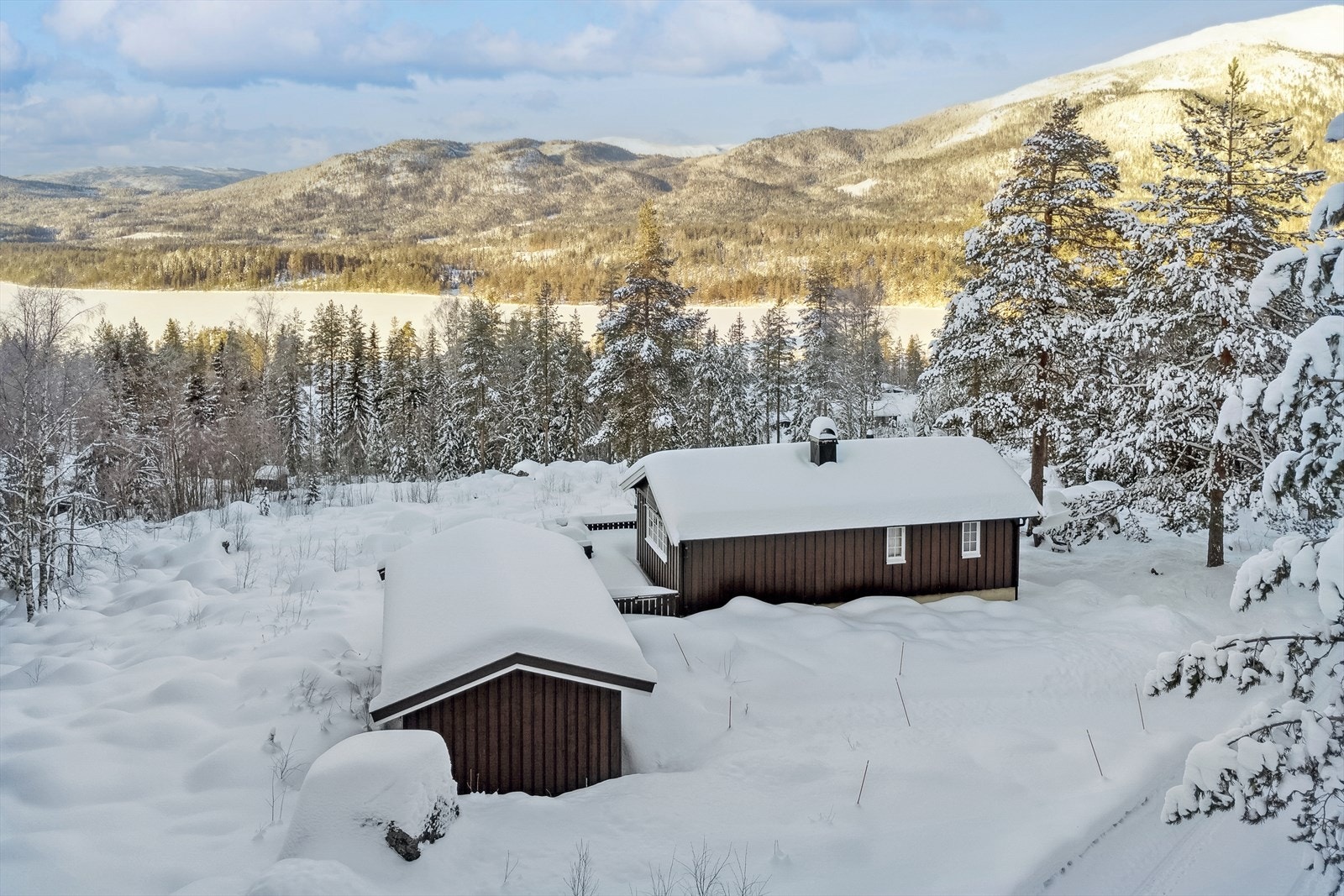 Hytten ligger naturskjønt til ved Langevann i Flå. Her har du fin utsikt over Langevann Galleribilde