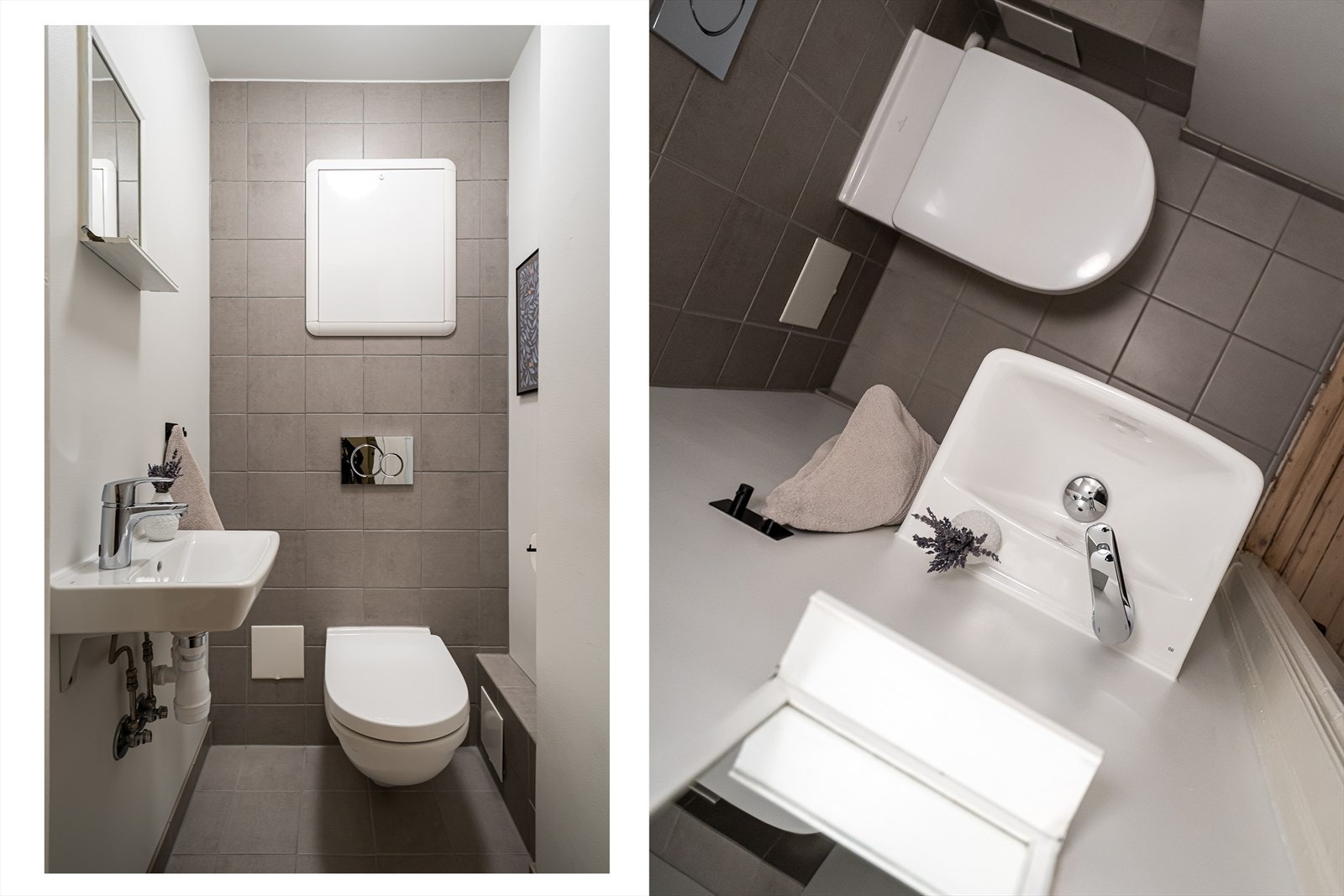 Rommet har et moderne uttrykk med grå flislagte overflater. Vegghengt klosett og servant gjør det enkelt å holde rent og pent. Galleribilde