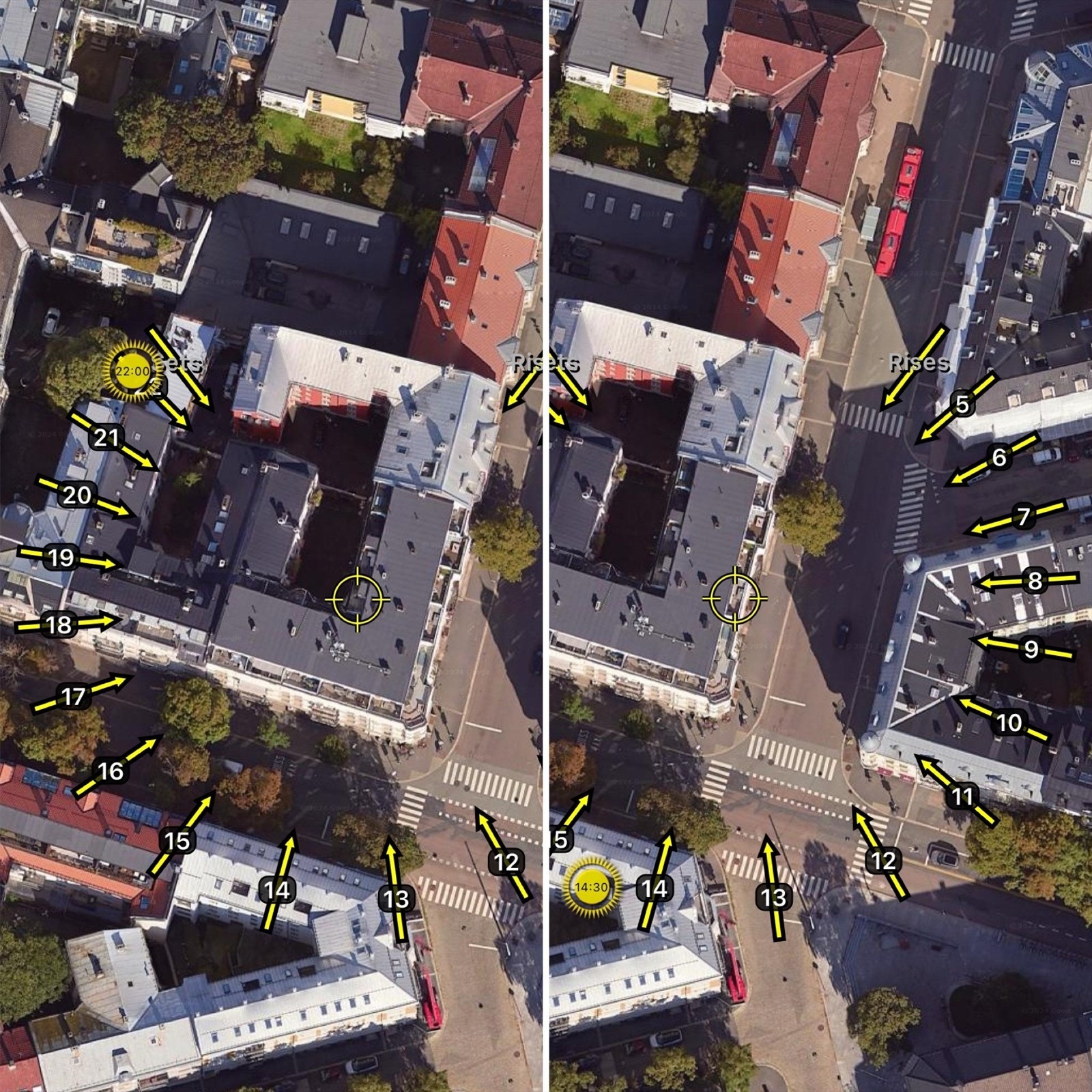 Illustrasjon av solforholdene midtsommers. Sol på terrassene fra tidlig morgen til sent på kveld. Galleribilde