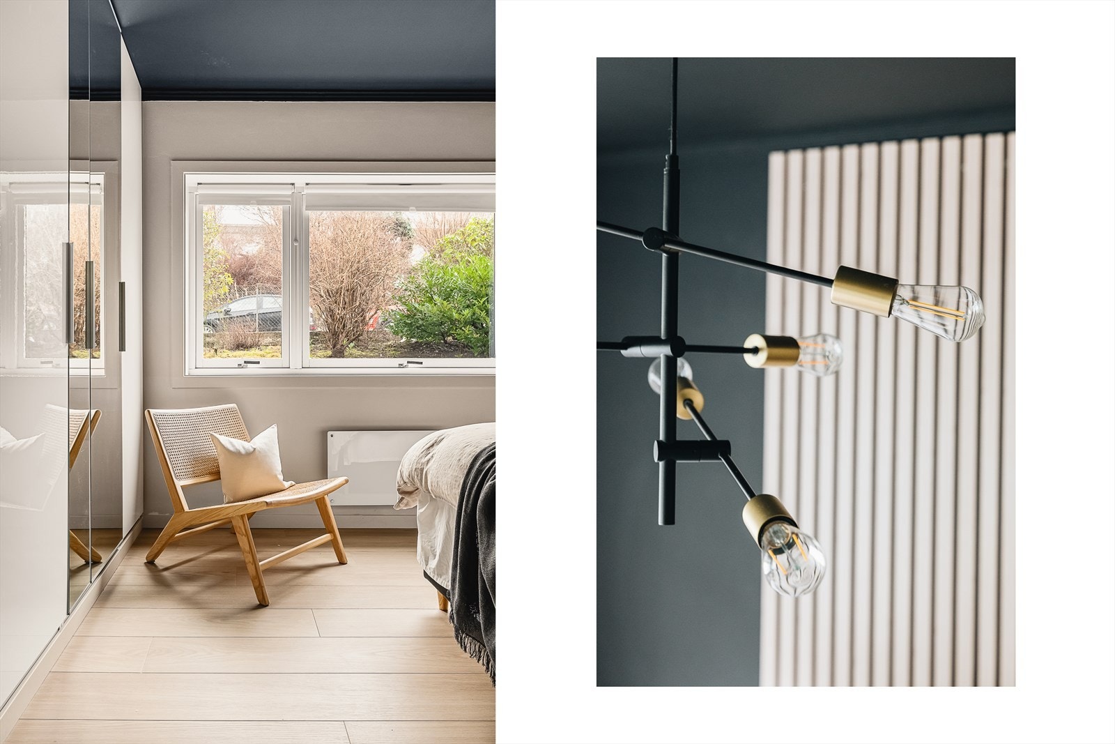 Soverom med fin belysning og godt med oppbevaringsplass, samt god plass til ønsket dobbeltseng med tilhørende møblement Galleribilde