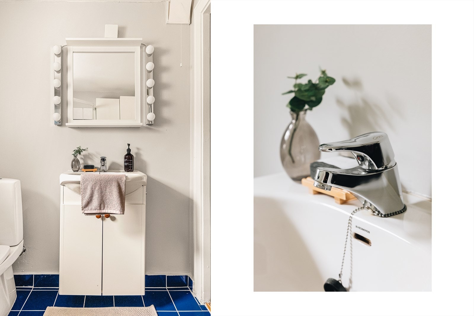 Innredet med toalett, fliset dusjhjørne og servant med innredning. Galleribilde