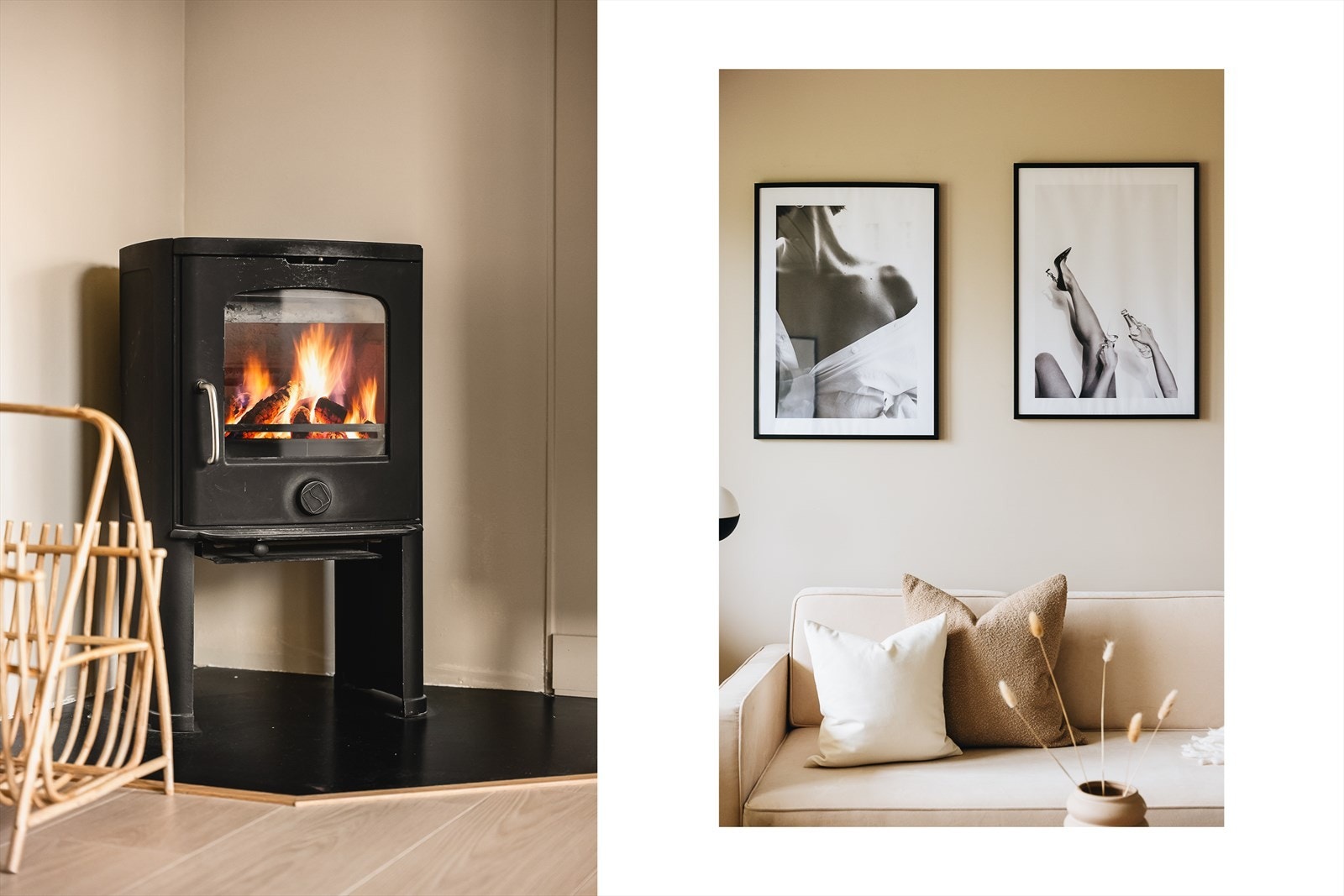 Rentbrennende vedovn gir en lun og behagelig atmosfære i stue Galleribilde