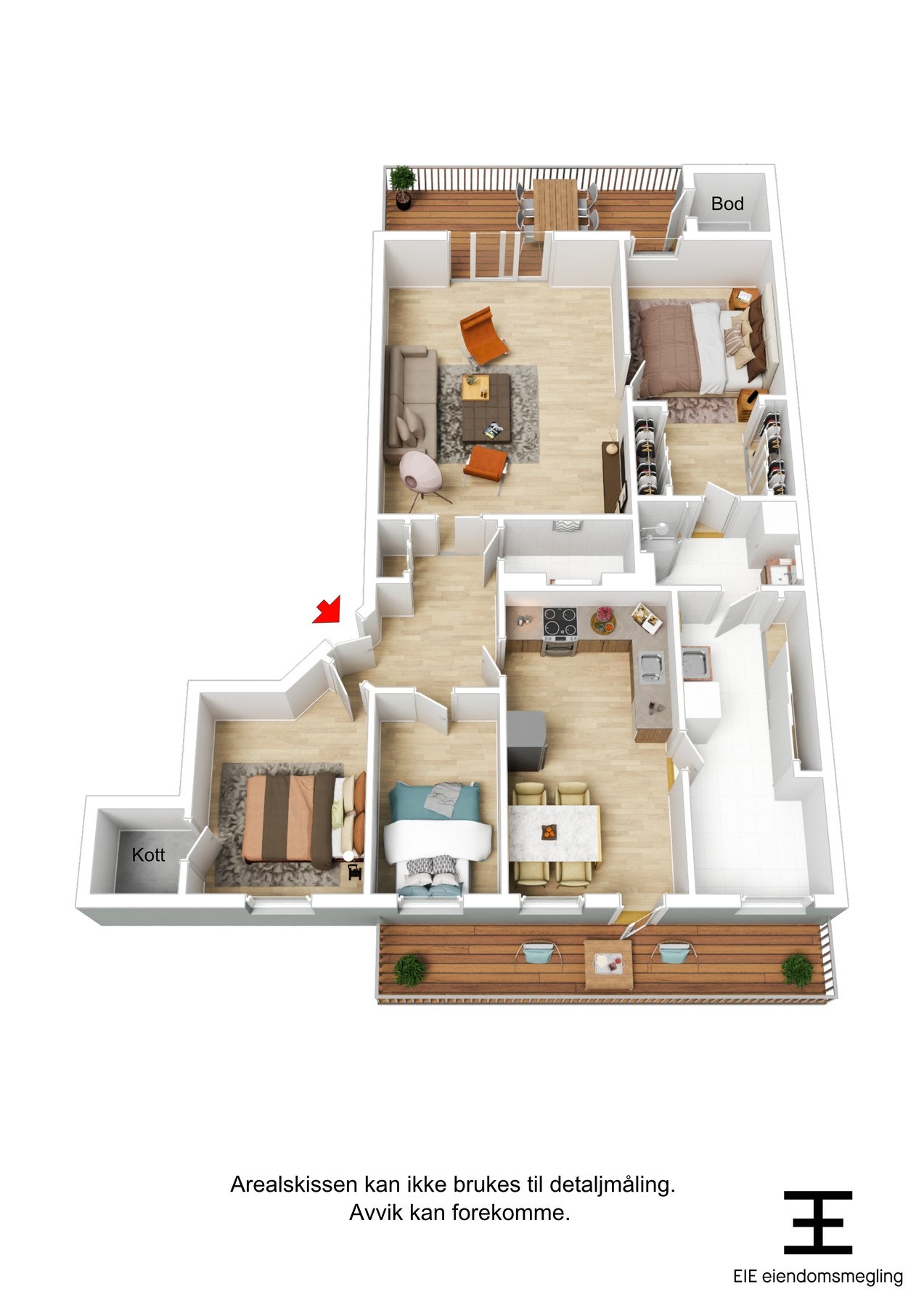 Boligens plantegning i 3D. Galleribilde