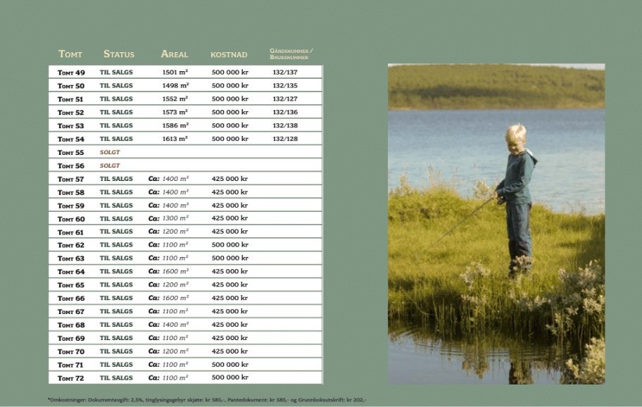 Pris og størrelse på tomtene. Galleribilde
