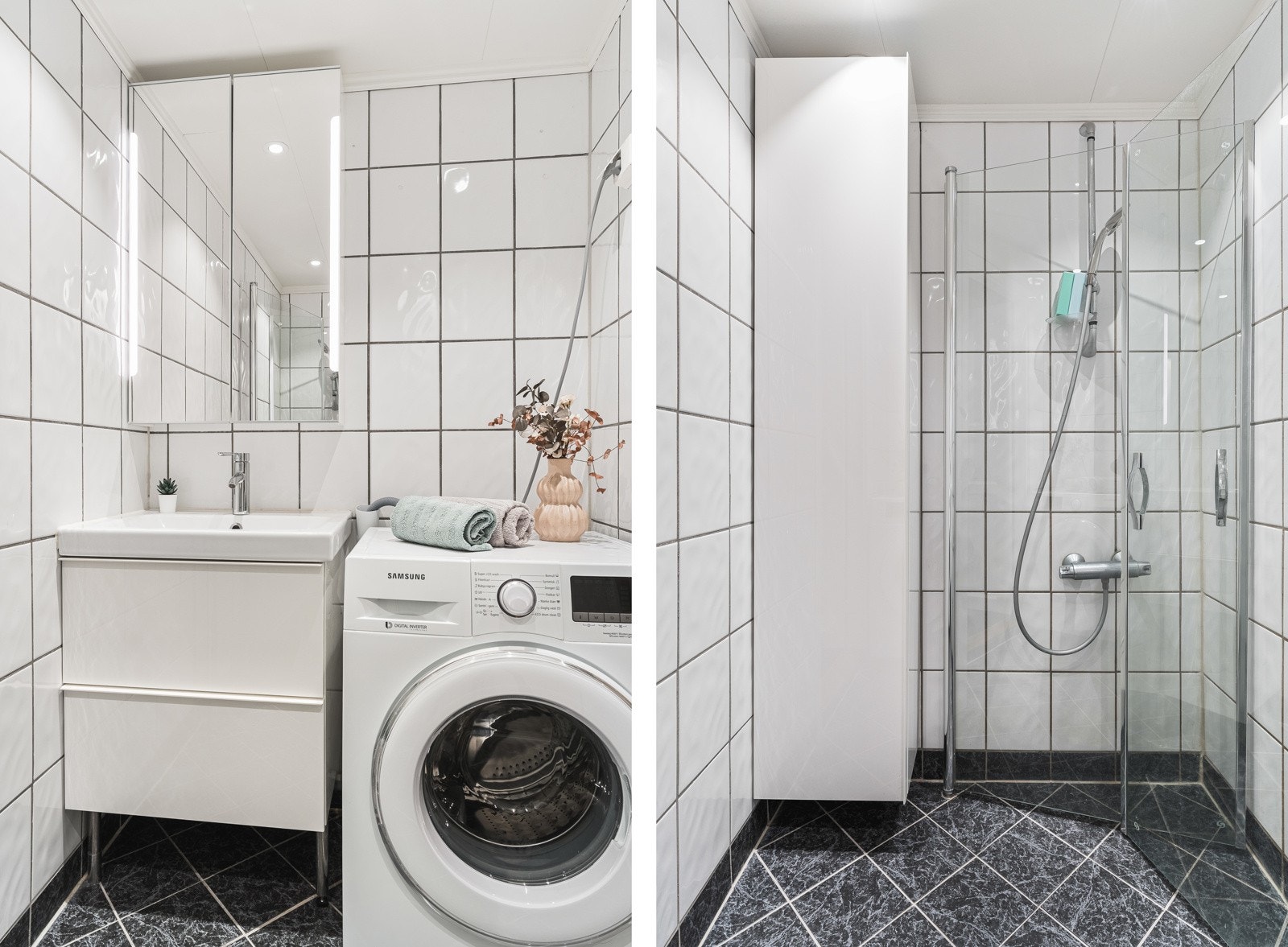 Rommet er innredet med baderomsinnredning, høyskap, speilskap med lys og dusj/ med glassvegger. Det er også opplegg for vaskemaskin. Galleribilde