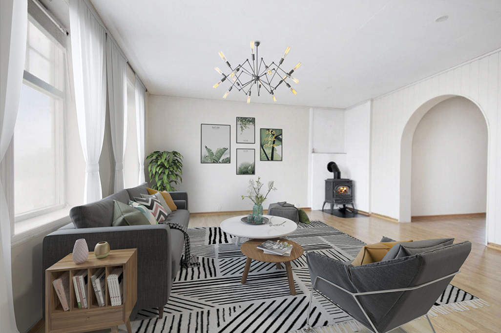 Velkommen til Håreks Gate 14! Et ærverdig bygg i sentrum av Sandnessjøen. (Bilde er digital stylet) Galleribilde