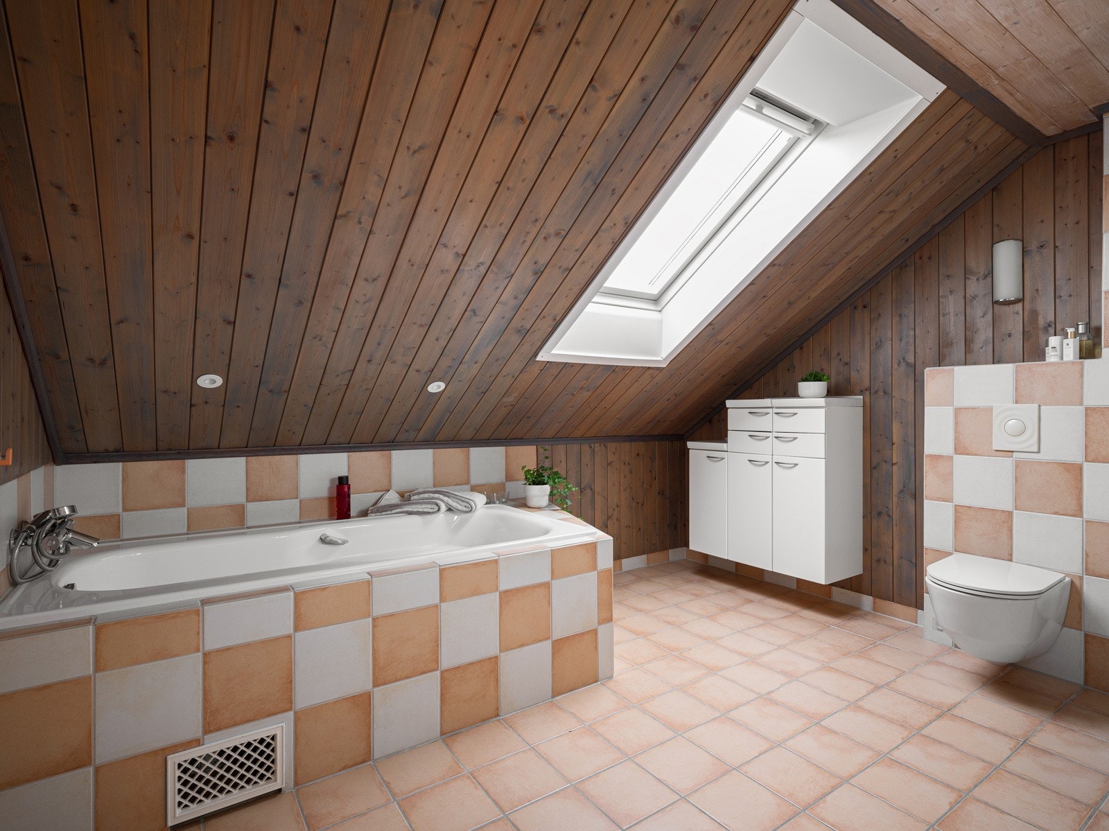 Bad med stedbygd badekar og takvindu Galleribilde